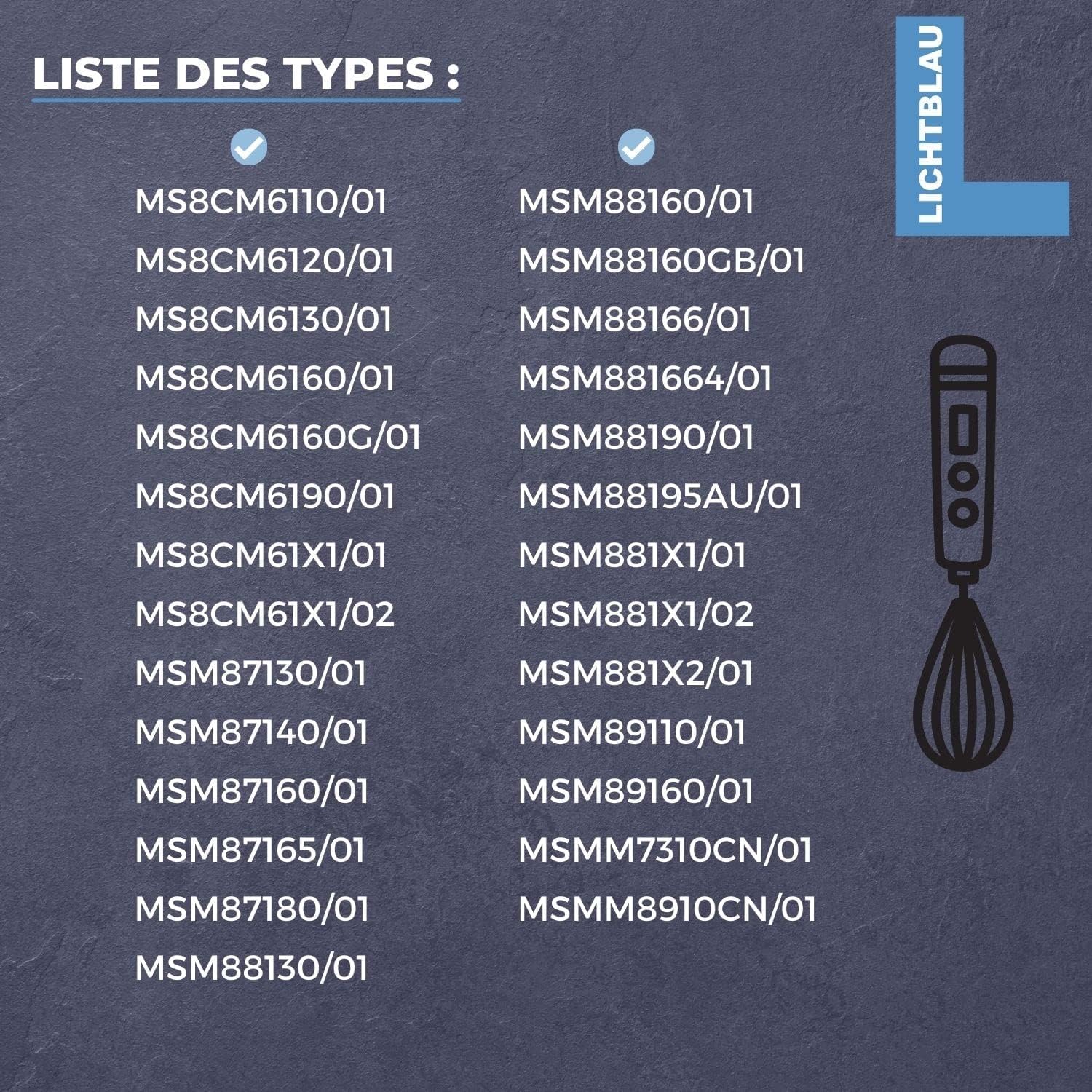 Lichtblau Fouet 657378 avec engrenage entraîneur 629984 pour mixeur plongeant 753124 pour batteurs manuels Bosch I Rechange pour MS8CM MSM87 MSM88 MSM89 MSMM7 MSMM89 Maxo Mixx etc.