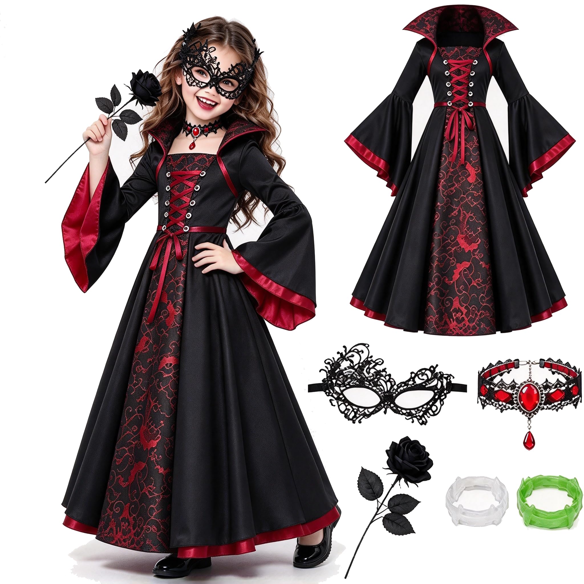 Girls Halloween Costumes Vampire Dress, Kids Vampire Costume with Mask Choker Rose & Fangs, Gothic Victorian Long Sleeve Fancy Dress Outfit for Girls, Halloween Costumes for Kids