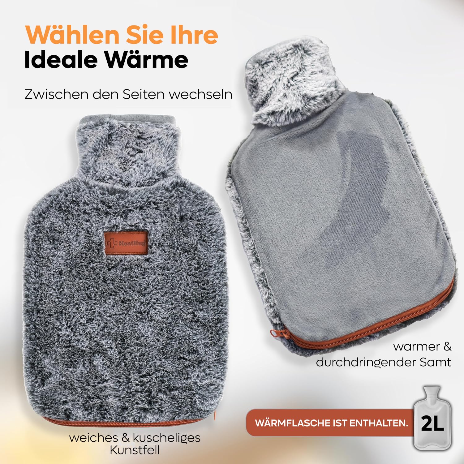 Wärmflasche mit Bezug (2 Liter) 2-seitige Wärmeflasche für Erwachsene mit weicher Tasche auslaufsicher Naturkautschuk Geschenk für Frauen – Schmerzlinderung bei Regelschmerzen und Magenkrämpfen
