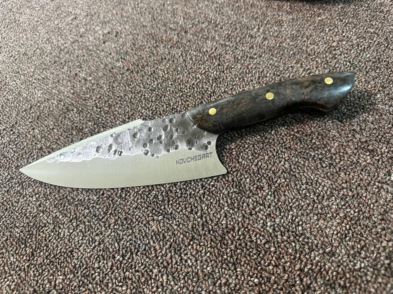 Professional Chef Knife with Hammered Damascus Steel Blade, Black Handle, Triple Brass Rivets, Kitchen Cutlery