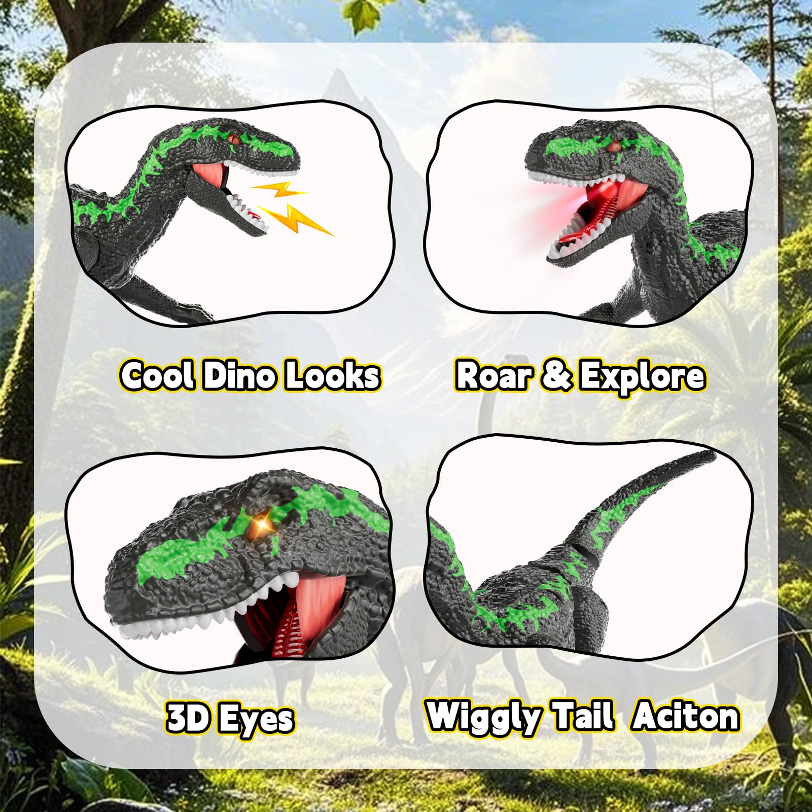 Dinosaure Télécommandé RC Rechargeable 2,4 GHz avec Yeux 3D et 3 Sons, Jouet Interactif pour Enfants 3+ (Vert)
