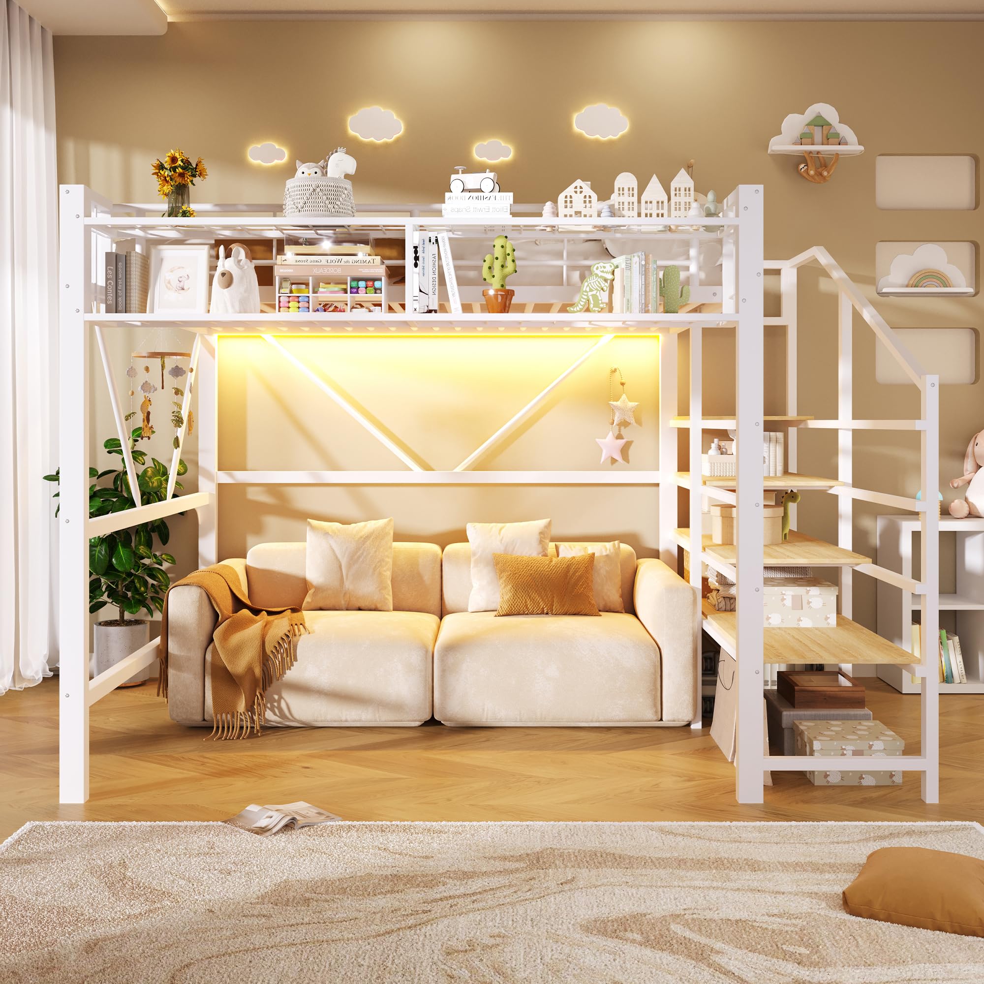 Cama Alta 140x200 con Baldas Abiertas Cama Canapé con Almacenamiento Integrado Double Bed sin Colchón con Paneles de Rejilla y Cesta Integrada para Apartamento Blanca