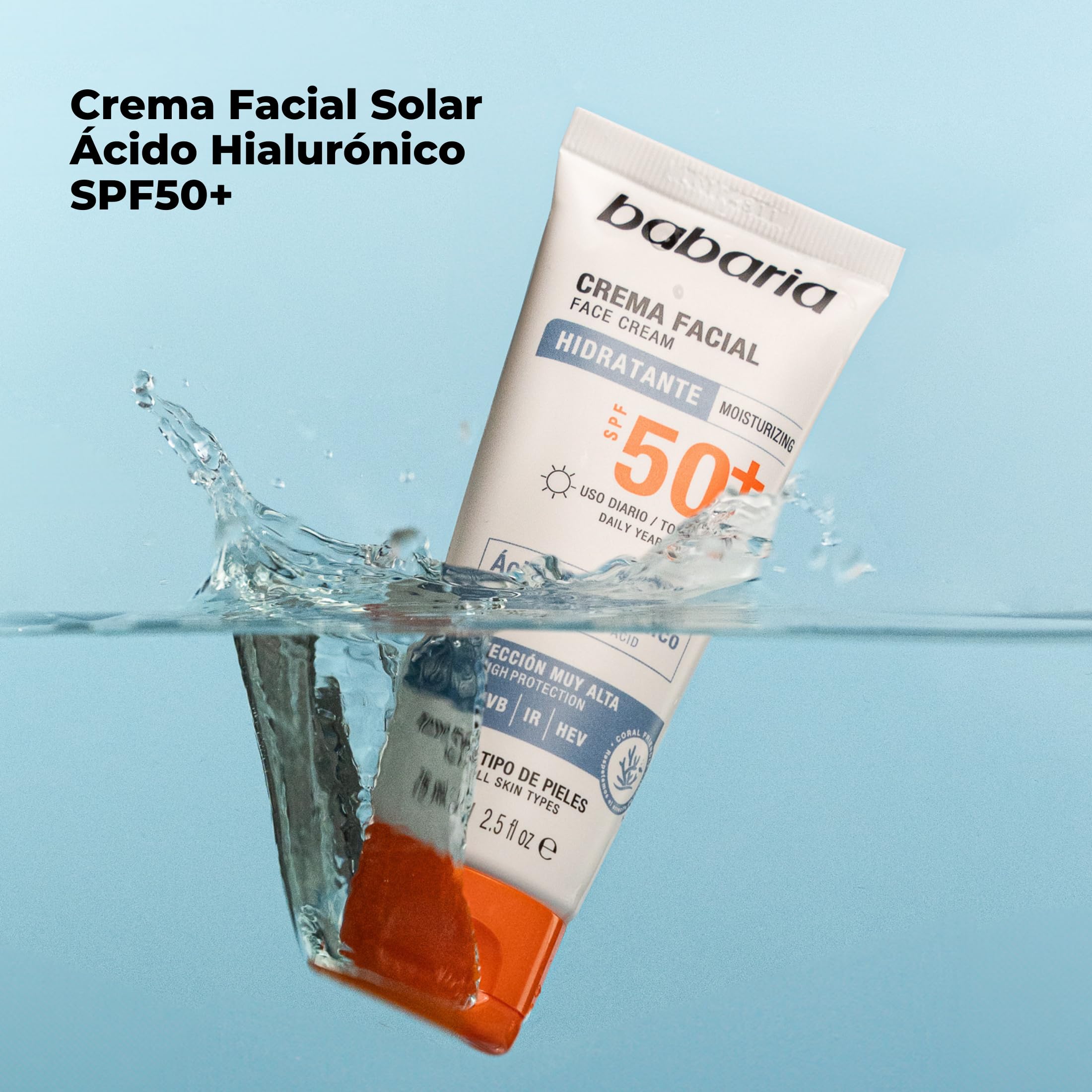 Babaria Crema Solar Facial SPF50+ con Ácido Hialurónico 75 ml – Hidratante, Antiarrugas y Antimanchas | Protector Solar 50 Facial UVA UVB e Infrarrojos