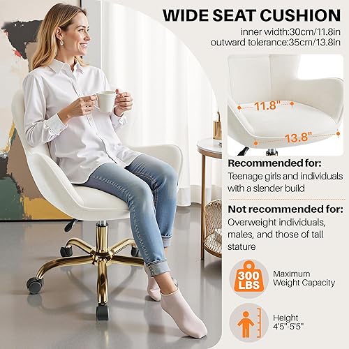 Miniatura 5 de Silla de tocador con ruedas, bonitas sillas de escritorio de altura ajustable para dormitorio, silla de maquillaje moderna con respaldo (blanco)