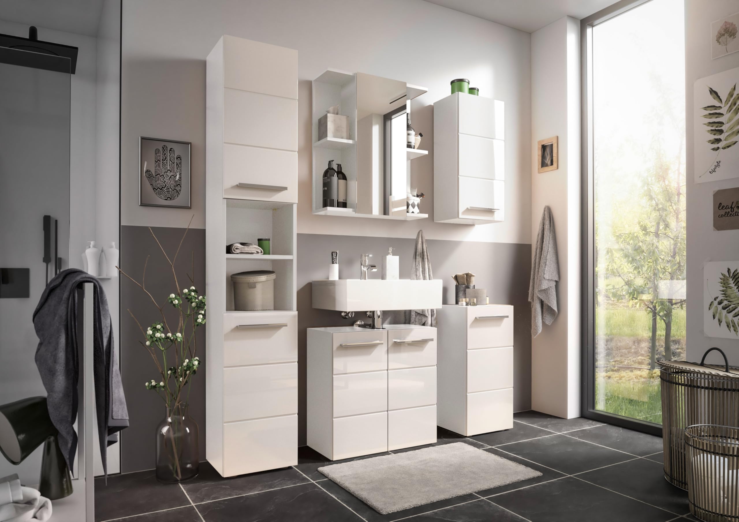 moebel-dich-auf Badezimmer Badmöbel Vail Korpus Viking Oak 5-St., Hochschrank, Spiegelschrank, Wbu, Set 1 (Weiß Hochglanz)