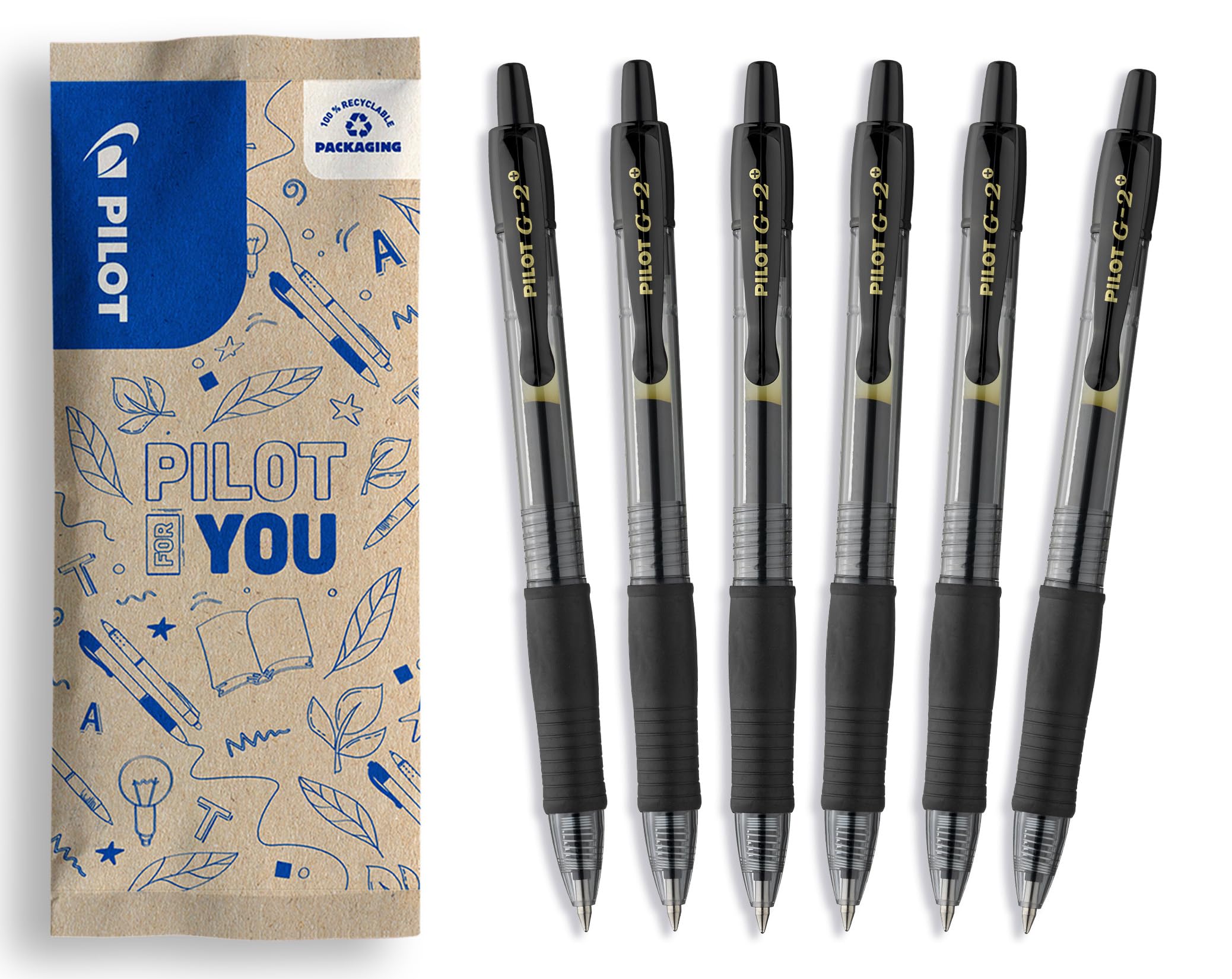 PILOT G2 Plus Set di 6 Penne Roller in Gel a Scatto Ricaricabili Nero Punta Media