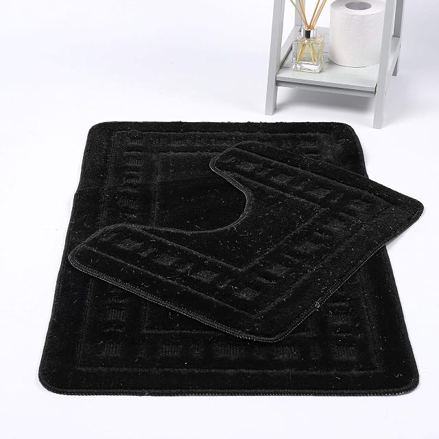 H&H Greek Bath Mat Super Soft Water Absorbent Non Slip Toilet Mat 100% polypropylene Ultra Plush Washable Bathroom Rug 50 X 80 cm & Pedestal Mat 50 X 40 cm (Black)