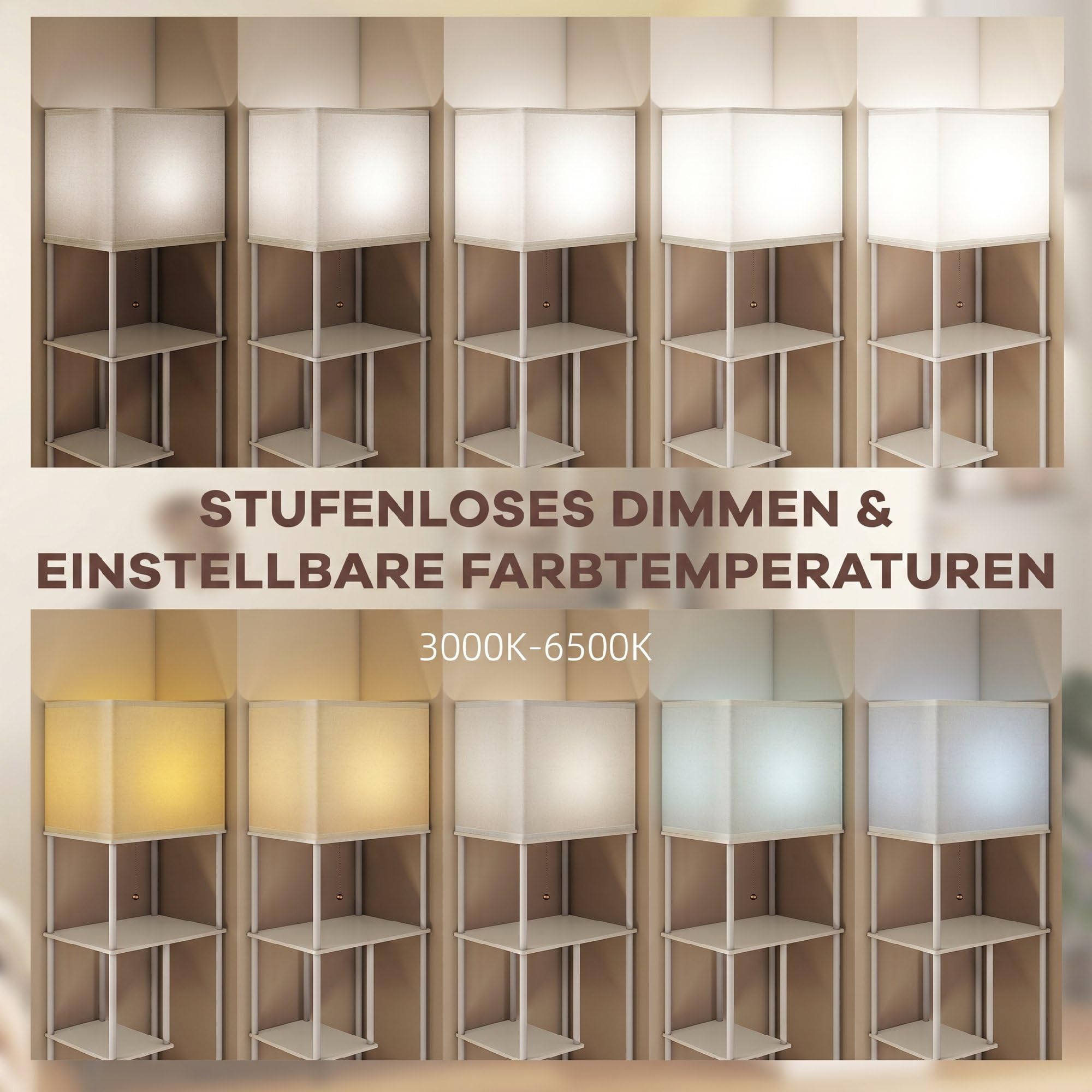 HOMCOM Stehlampe Stehleuchte mit Regalen, einstellbare Helligkeit & Farbtemperatur 3000K-6500K, Fernbedienung, E27-Birne, Timer, für Schlafzimmer, Büro, Wohnzimmer, Weiß