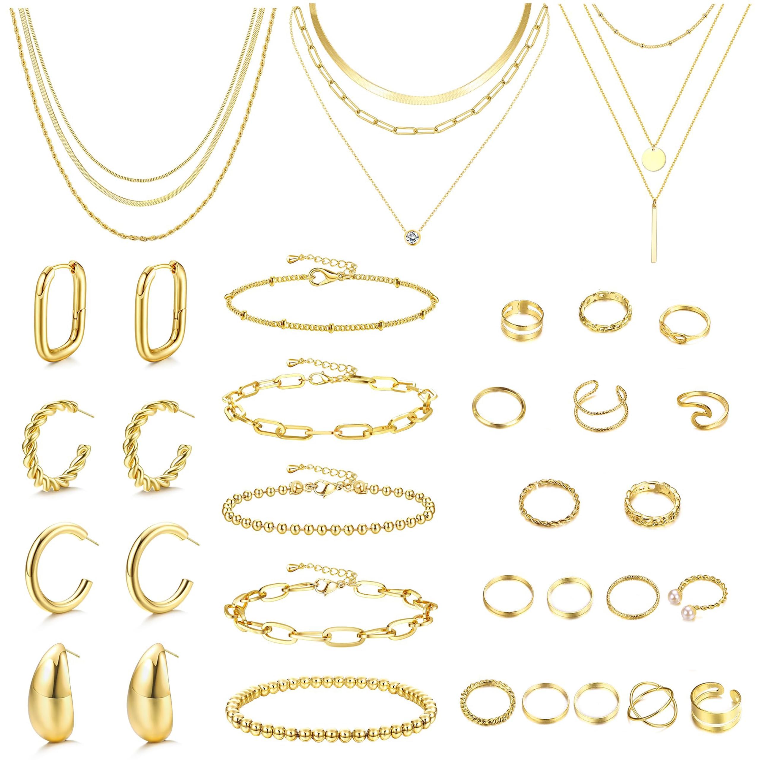 38-59 pièces (8-9 ensembles) parure en or plaqué pour femmes avec 8 colliers, 12 bracelets, 27 bagues, 12 paires de boucles d'oreilles, bijoux simples