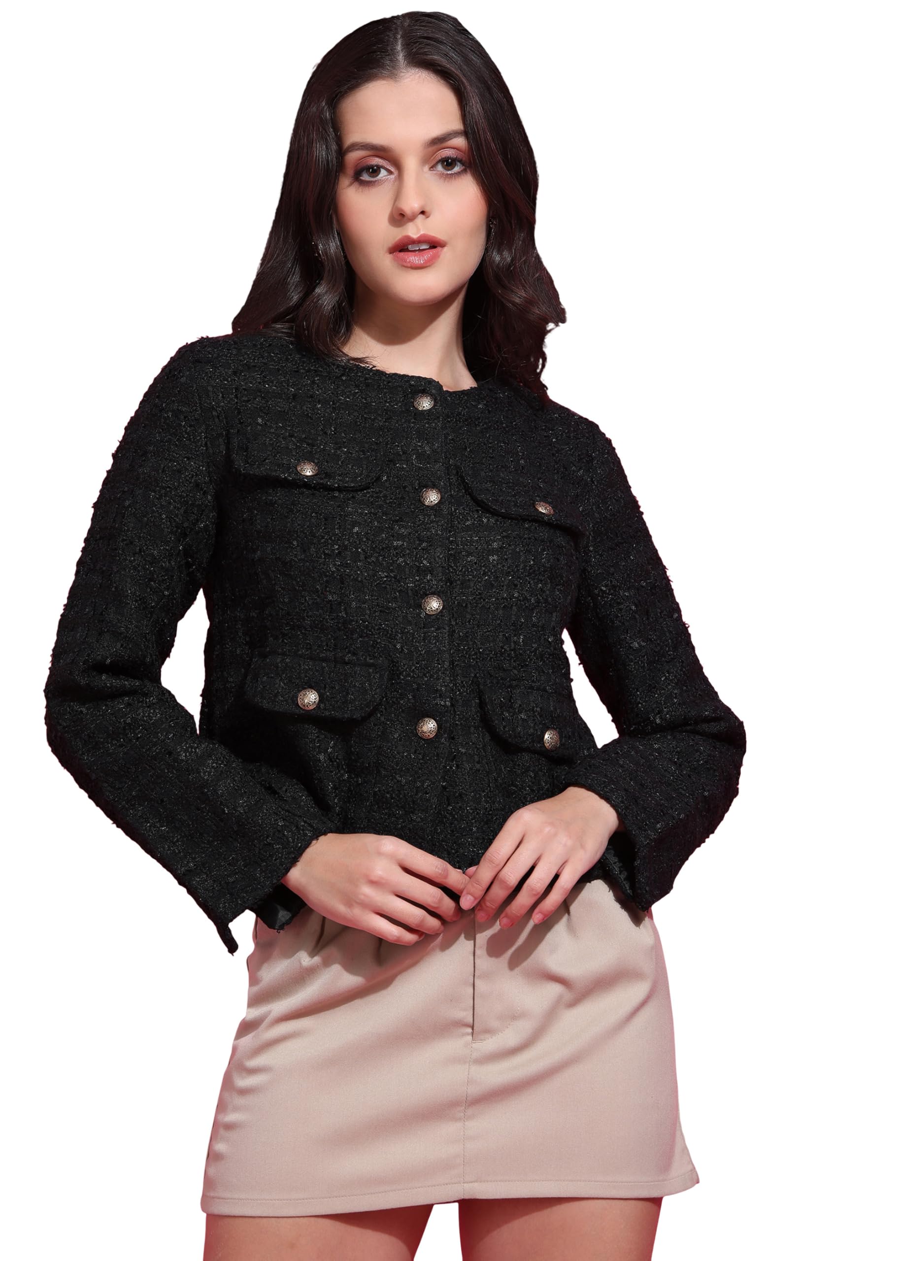 women's casual body fitted full sleeve round neck solid jacket with flap pockets