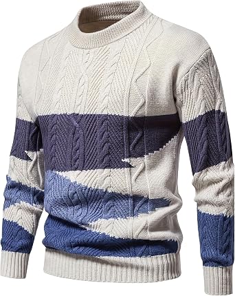Mens Mockneck Striped Pullover Sweater Long Sleeve Color Block Sweaters Textured Knitwear Stretch Sweatshirt