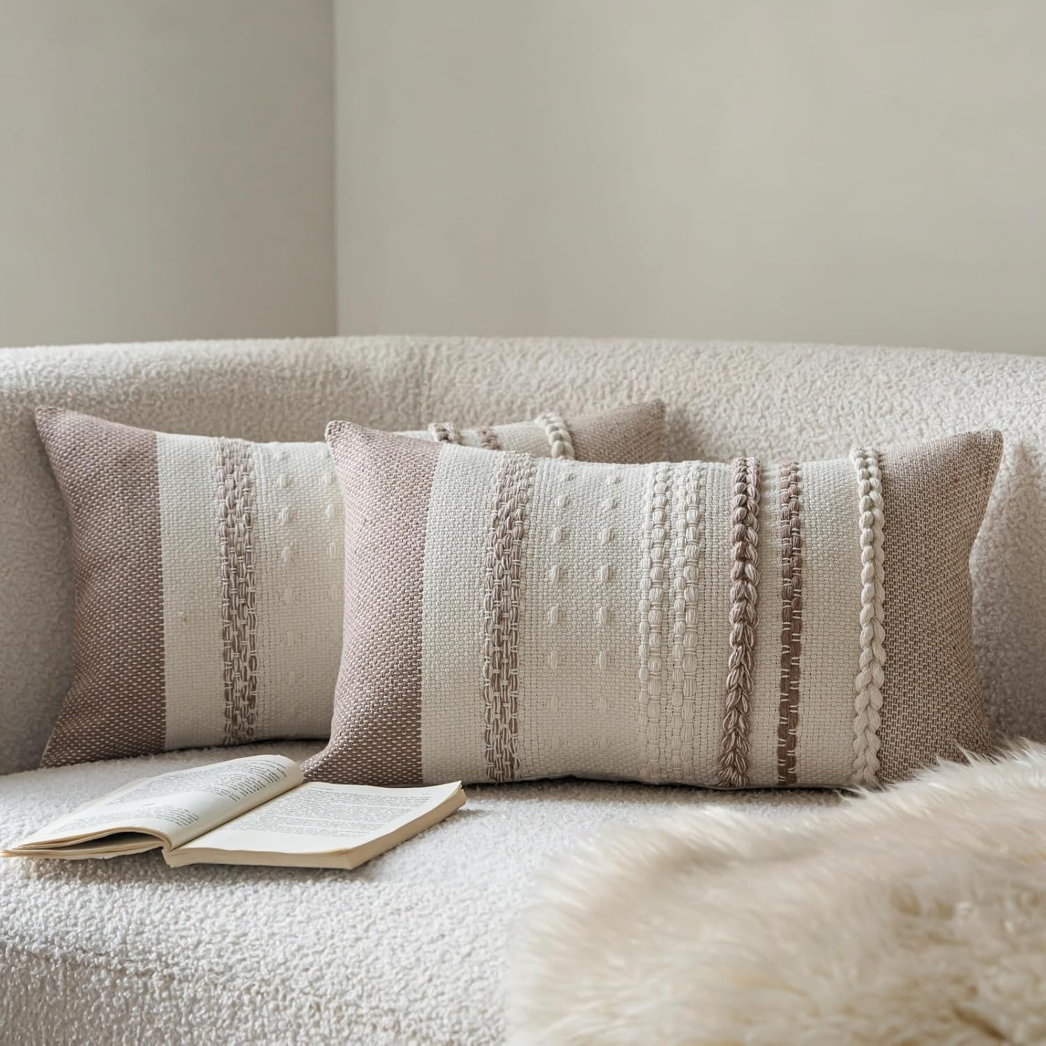 Cethom Boho Throw Pillow Covers 20x20 Inch Set of 2, Khaki Textured Decorative Couch Pillow Cases for Farmhouse Home Decor, Accent Cushion Cover for Sofa, Bed, Living Room, Bedroom