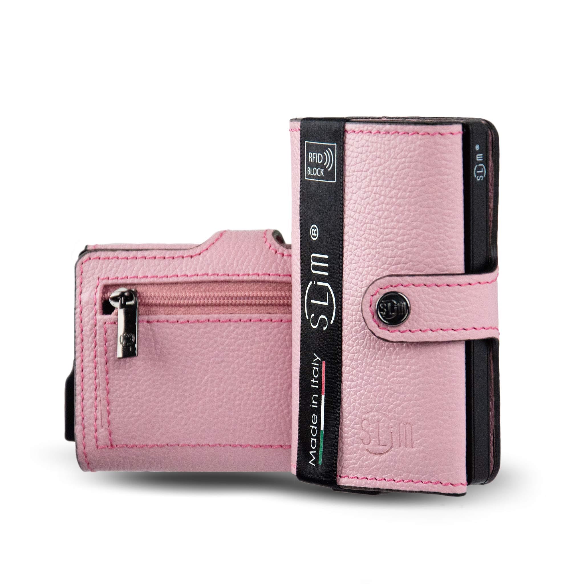 SLim Porta Carte di Credito Schermato Portafoglio Uomo Rfid Portatessere Anticlonazione Donna Portacarte Uomo (Bottalato Rosa, Con Zip)