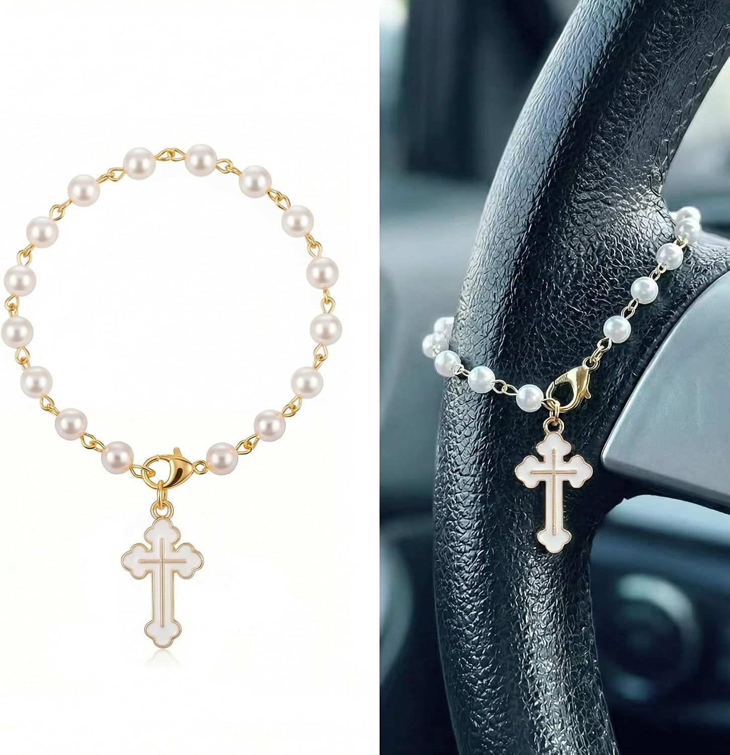 Steering Wheel Charm Cross for Car Rosary Steering Wheel Chain, White