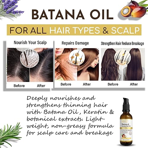 Miniatura 4 de SLUJ Aceite de batana para el crecimiento del cabello, aceite ligero sin enjuague con queratina, vitamina E y aceites botánicos para todo tipo de