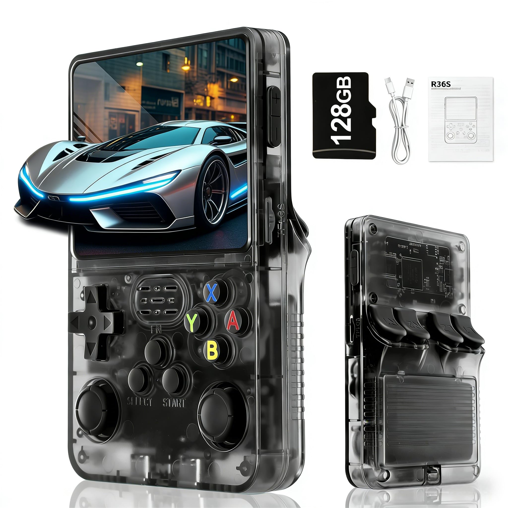 Rhesusco R36S Retro Video Game Console-3.5 Inches HD Screen,Open Source Linux System,3000mAh Rechargeable Battery,128G TF Card,30000+ Classic Video Games Portable Mini Game Console for Gifts-Black