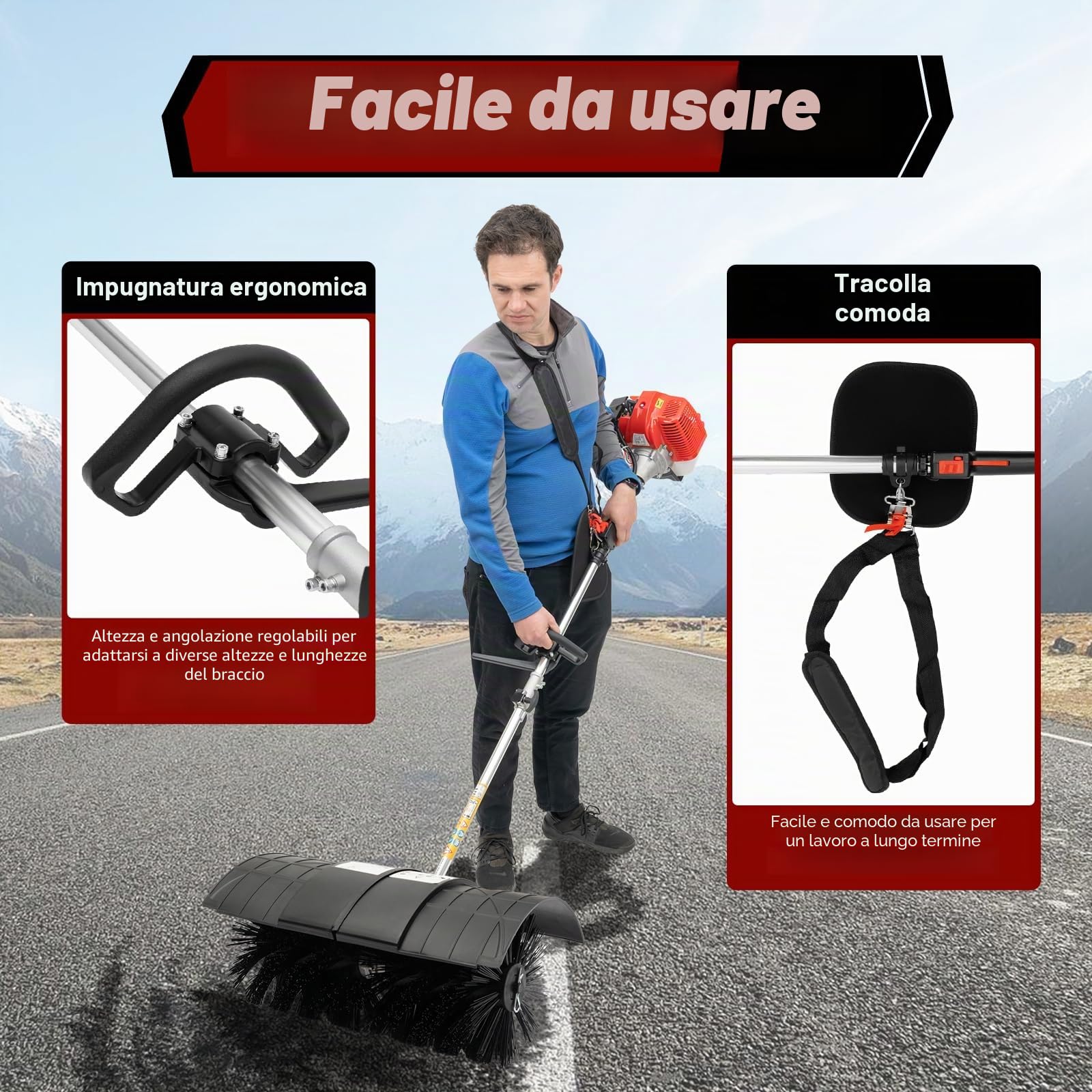 Spazzatrice a benzina, 52 cc, 1700 W, 2,3 CV, spazzaneve a 2 tempi, paletta da neve manuale per prato, boulevard, vialetto