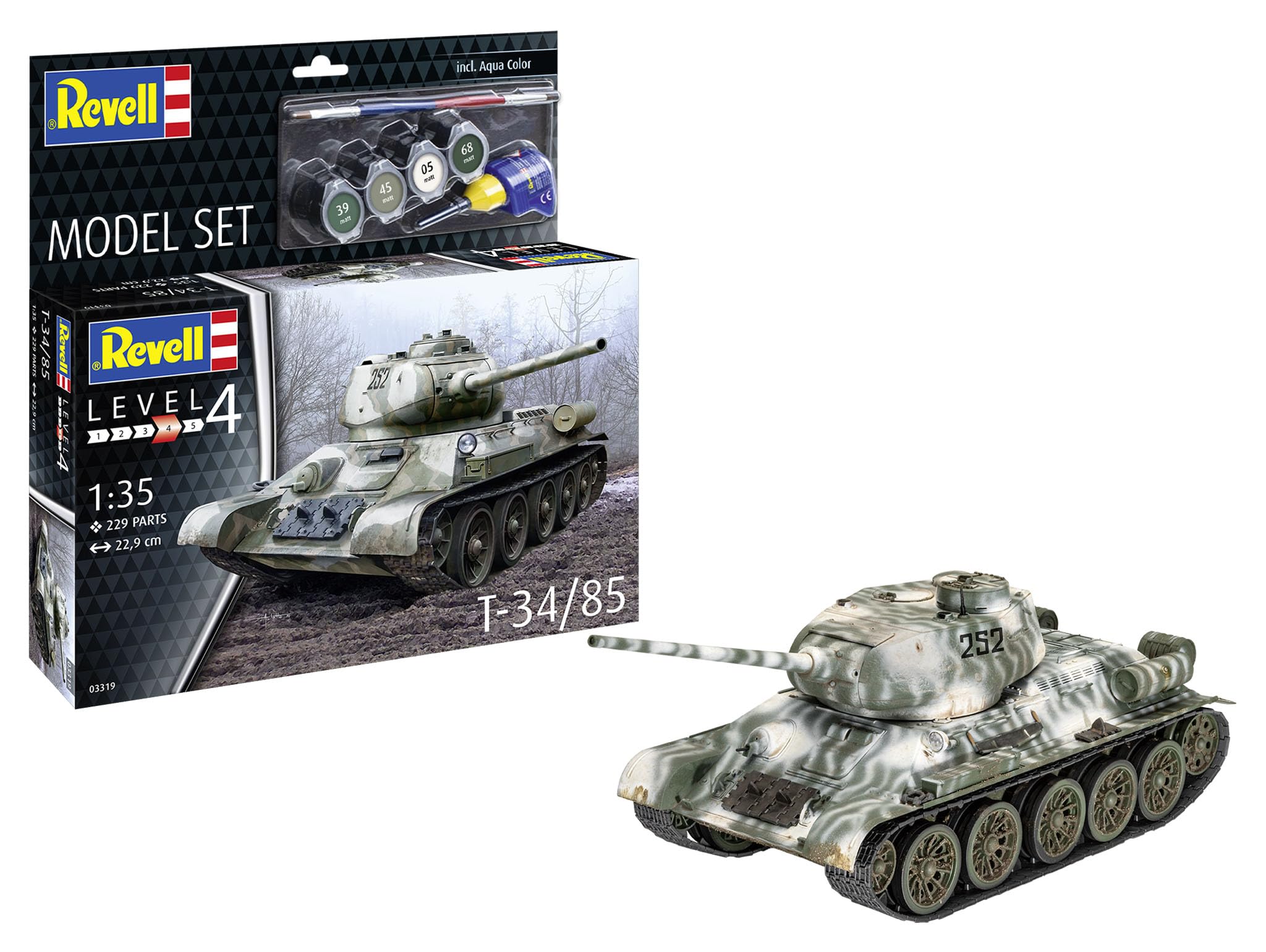 Revell Model Set 63319 T-34/85 Tank 1:35 Scale Unbuilt/Unpainted Plastic Model Kit with Accessories, Multicoloured