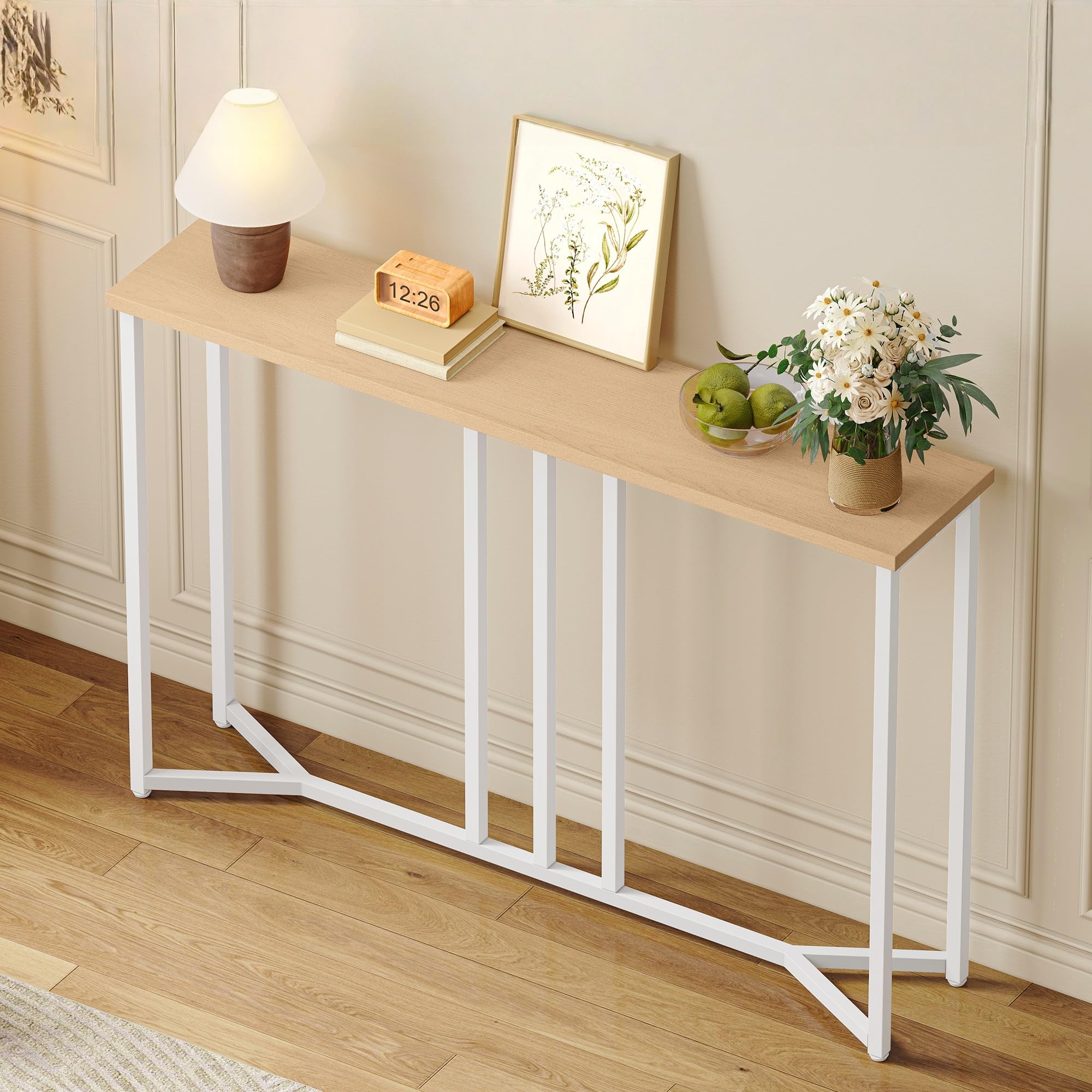 YITAHOME Console Table for Hallway, Slim Behind Sofa Table for Living Room, 100cm Narrow Hallway Table, Entryway Side Tables, Small Space Multi-Use Hallway Furniture, Natural Wood White