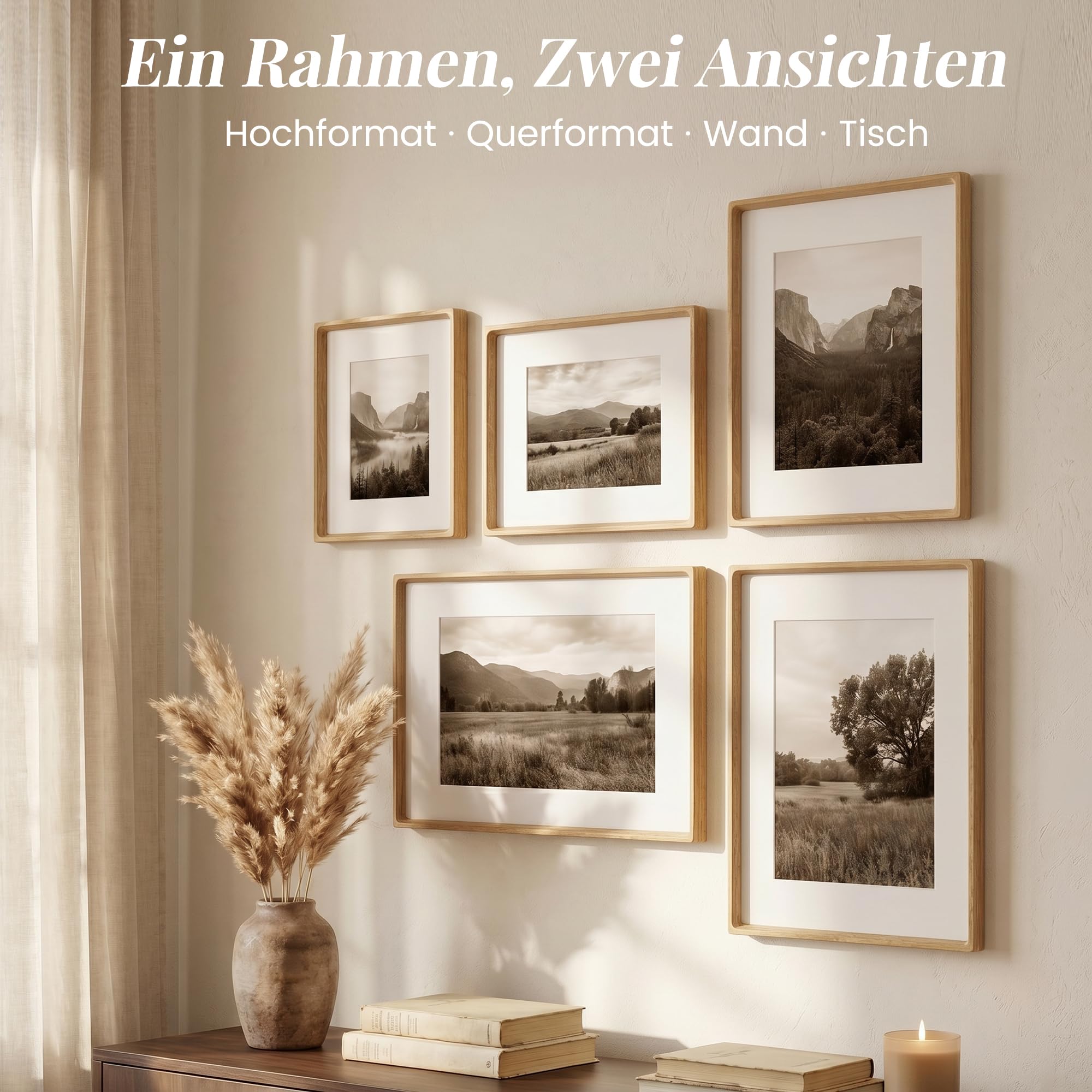 Bilderrahmen A1 (59.4x84cm) aus Massivholz Eiche, Hochtransparentes Temperglas, Handgefertigter Ecken Posterrahmen mit Passepartout für A2 (42x59.4cm), Einzelzapfen, Wandmontag