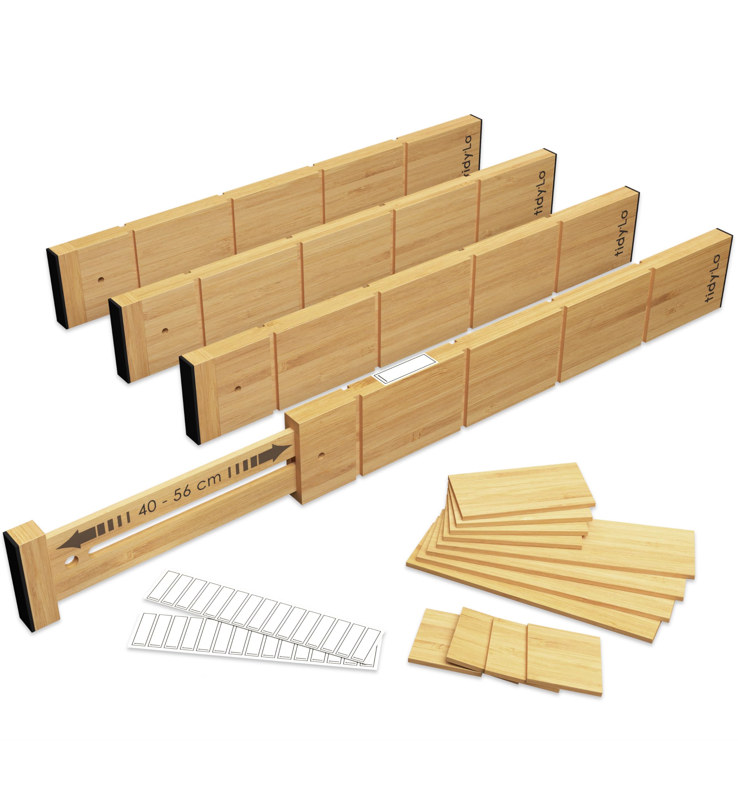 Separadores de Cajones Ajustables Bambú 4 uds 40-56 cm con Muelle - Divisor Cajones Cocina Extensible Antideslizante - Organizador Madera con 12 Divisores y 30 Etiquetas - Oficina, baño, etc