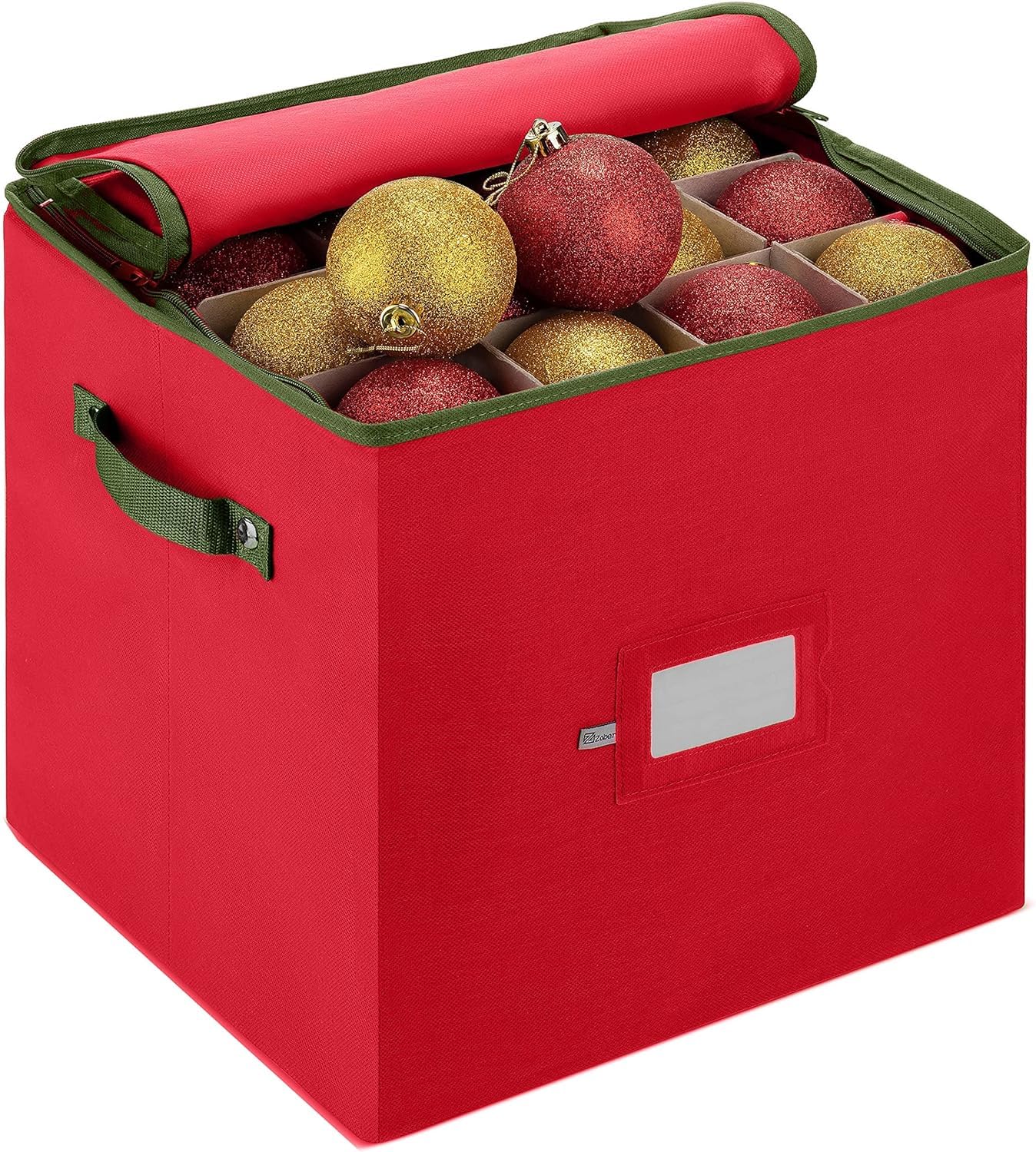Skyte Red Premium Christmas Bauble Storage Box With Dividers - 64-Compartment Xmas Ornament Storage Container With Zippe Closure - Designed For Delicate Christmas Decorations & Baubles - Tear Proof Non-Woven
