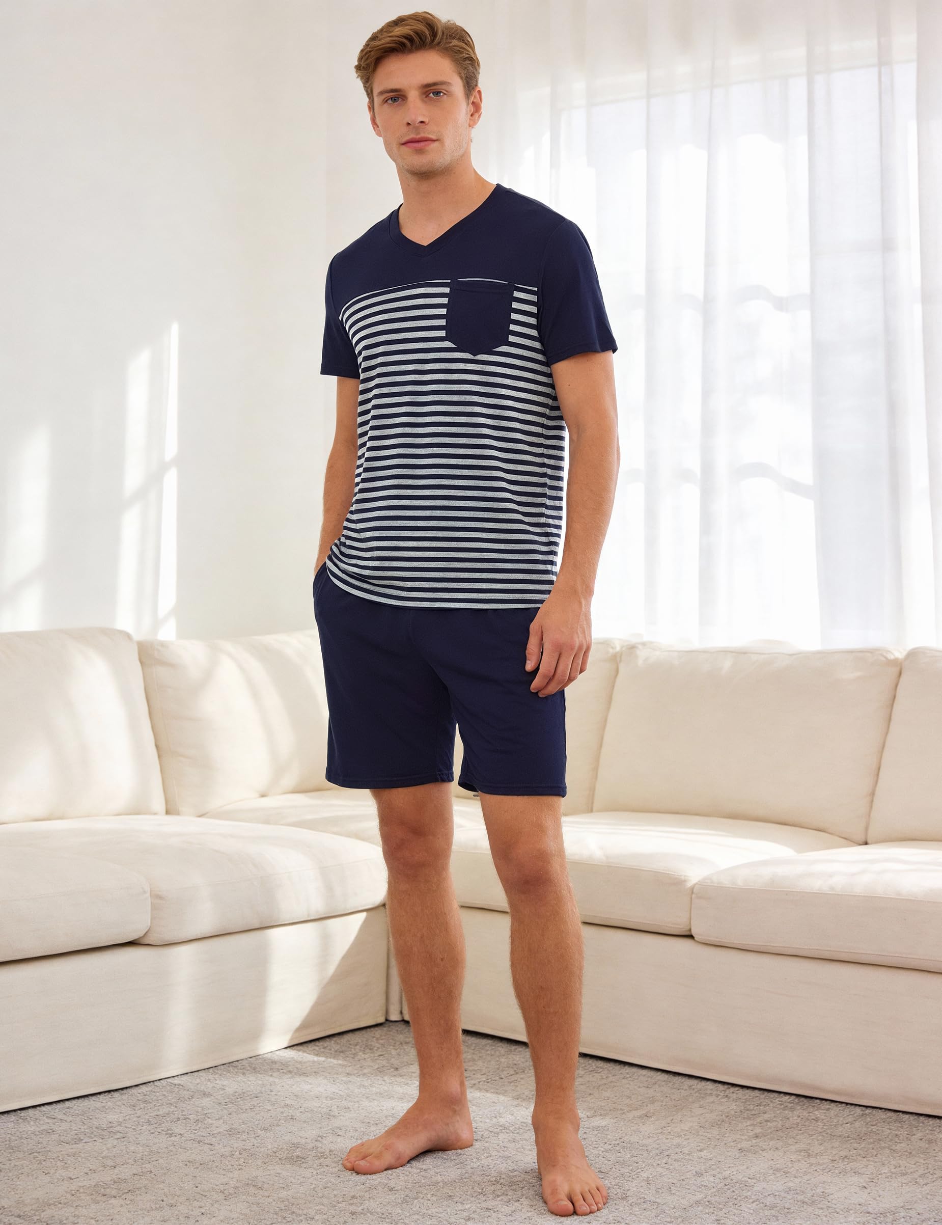 Litherday Pijama Hombre Verano Corto Algodón Conjunto de Pijama Manga Corta Rayas y Pantalon Corto 2 Piezas Suave y Cómodo