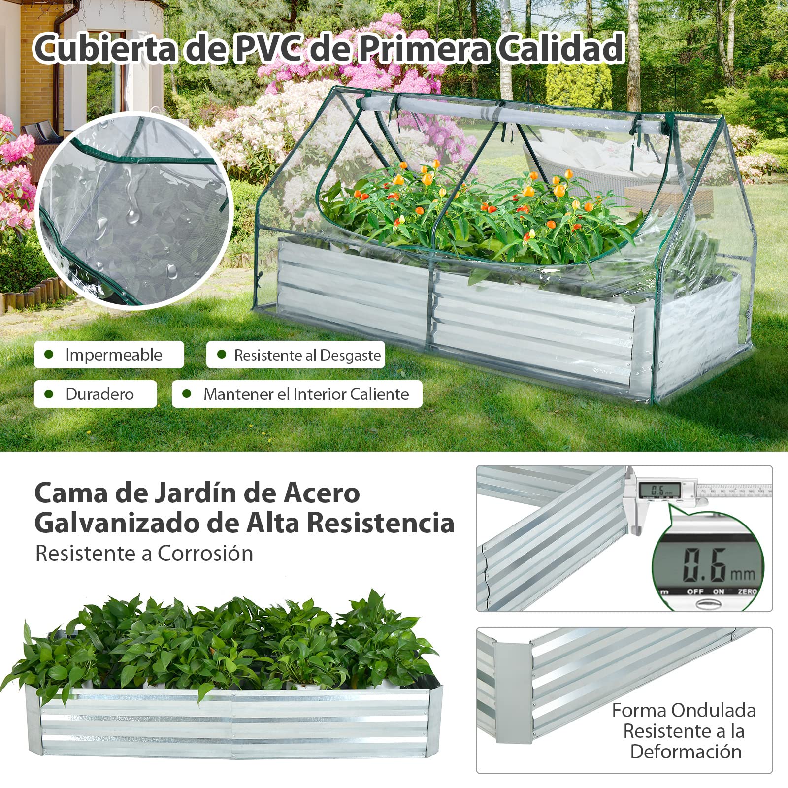 COSTWAY Cama de Jardín Elevada Galvanizada con Invernadero, Huerto Urbano Elevado, Jardinera Exterior sin Fondo con Cubierta, Ventanas Enrollables de 2 Niveles (180 x 90 x 91 cm)