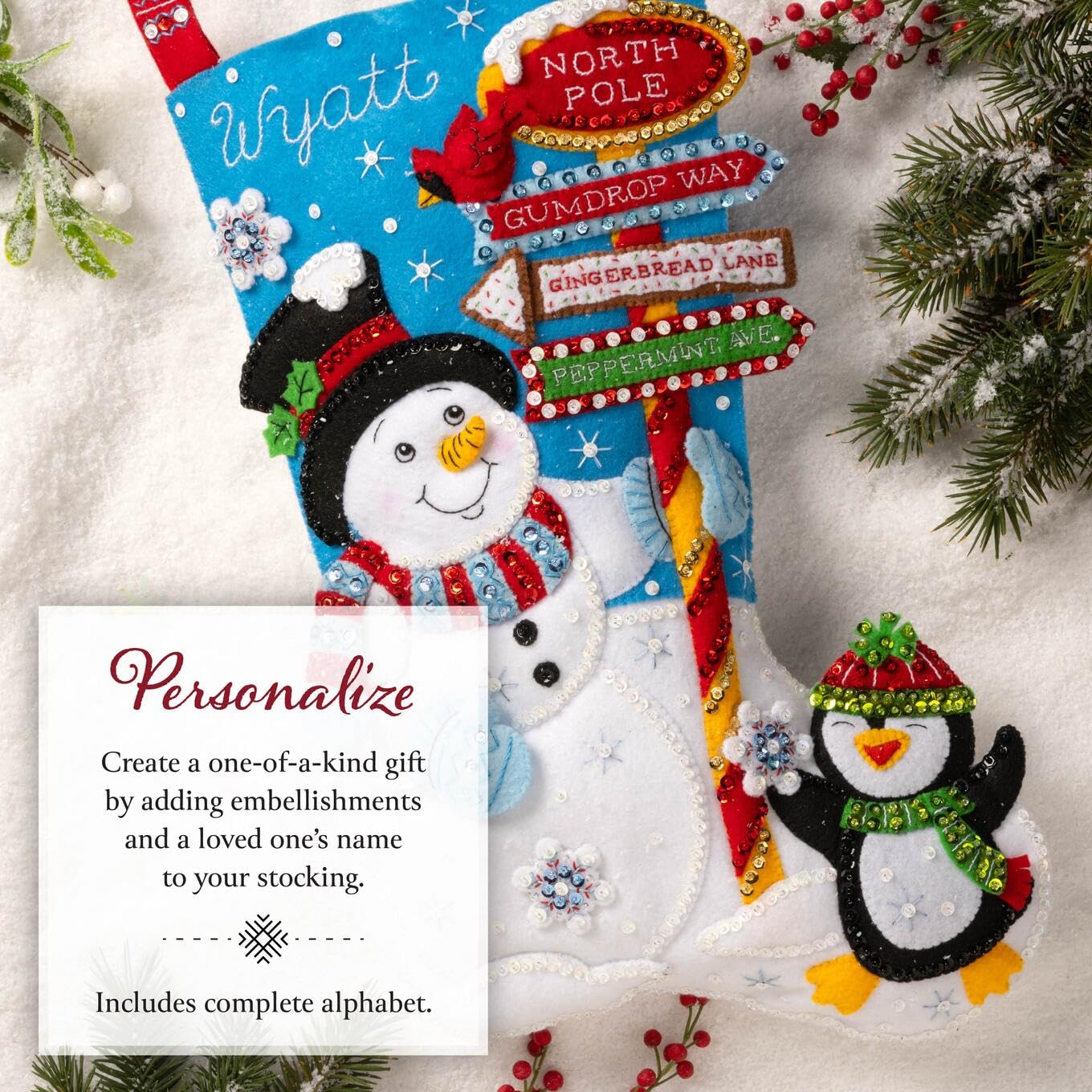 Bucilla, Destination North Pole, Felt Applique 18" Stocking Making Kit, Perfect for Holiday DIY Arts and Crafts, 89594E
