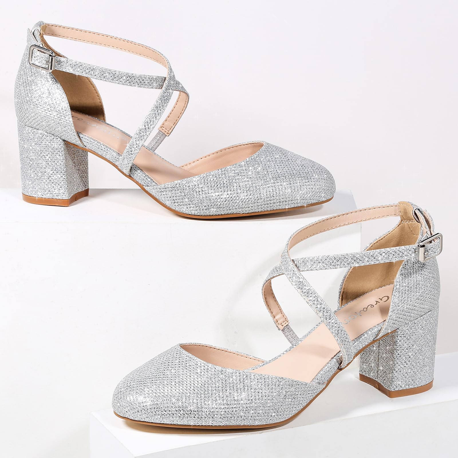 Greatonu Scarpe col Tacco Donna Eleganti Decollete a Cinturini Incrociati Punta Chiusa Sandali con Tacco da Sposa Decolte Tacco Medio Largo