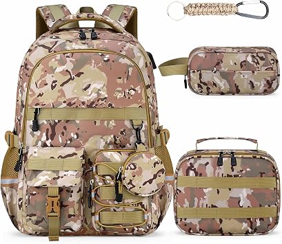 School Backpack for Boys - 5pcs Camo Boys Backpack with Lunch Box Set for Kids Teens Elementary Middle High School,18 Large Capacity Students Bookbag