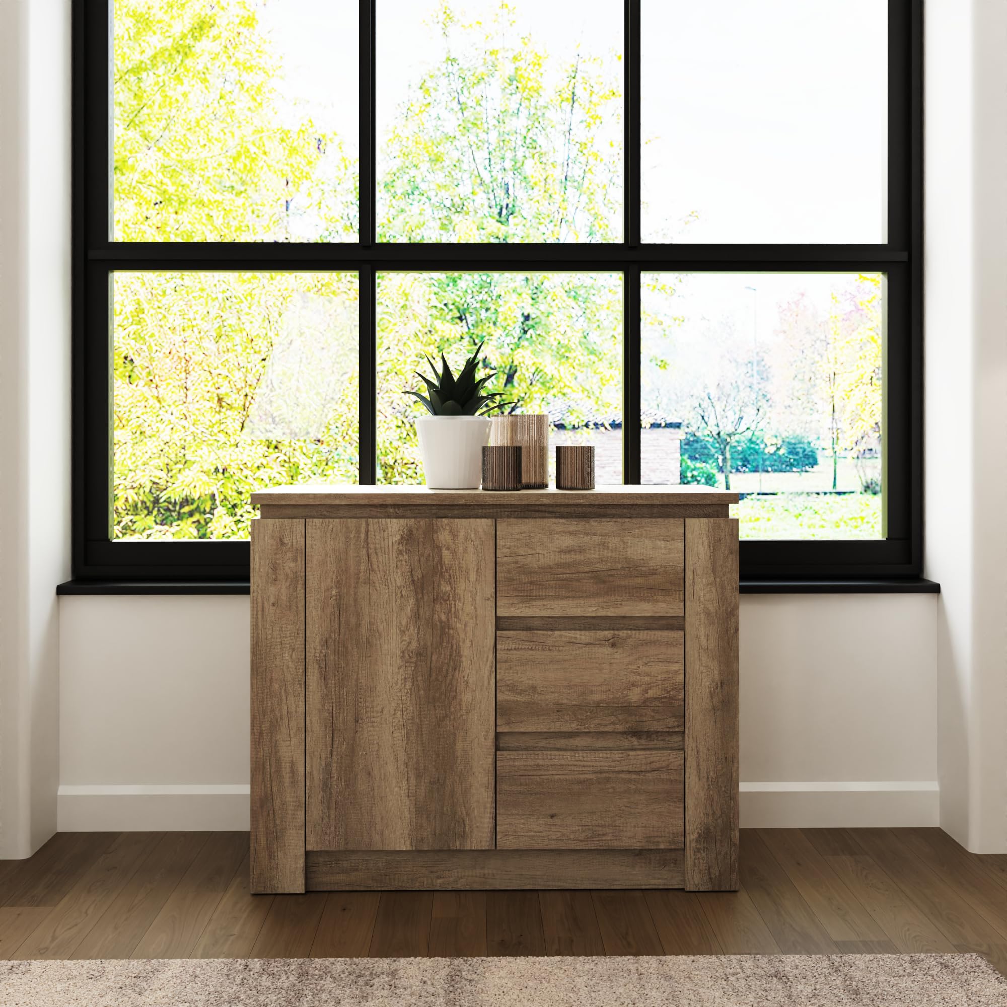 GFW Canyon Oak Multi Cabinet, Oak Effect Storage Cabinet with 3 Drawers and Adjustable Shelf Cupboard, Compact Living Room Storage Unit