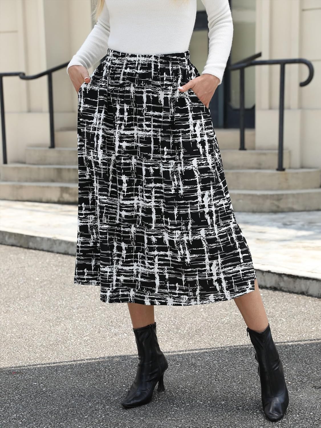 Skirts for Women Vintage Trendy Elastic High Waisted Casual Work Flowy Swing A Line Fall Skirt with Pockets - Image 4