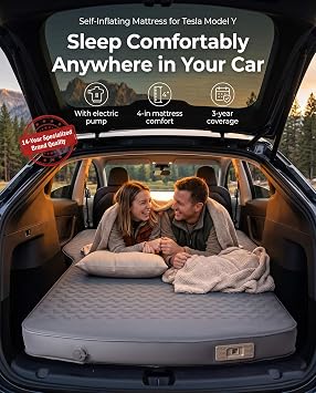 Hikenture Camping Mattress for Tesla Model Y, Electric Pump Sleeping Pad | 4 Thick Self Inflating Foam, 9.5 R-Value Insulated Camping Pads for All Season, Model Y Mattress Bed