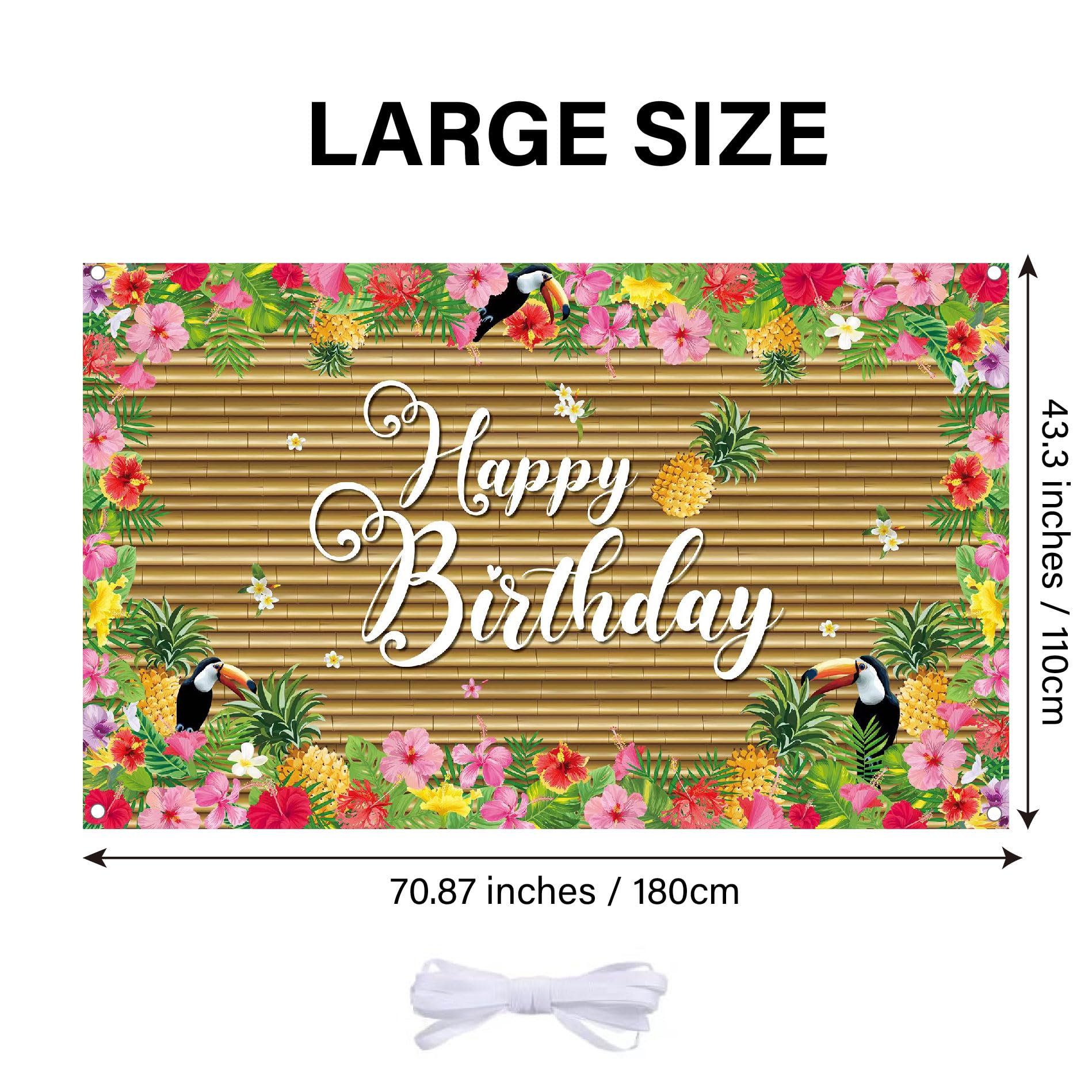 Decoración hawaiana de cumpleaños hawaiana, pancarta de feliz cumpleaños, pájaros tropicales y flores, decoración de cumpleaños, grande, hawaiano, tropical, verano, luau, telón de fondo de cumpleaños