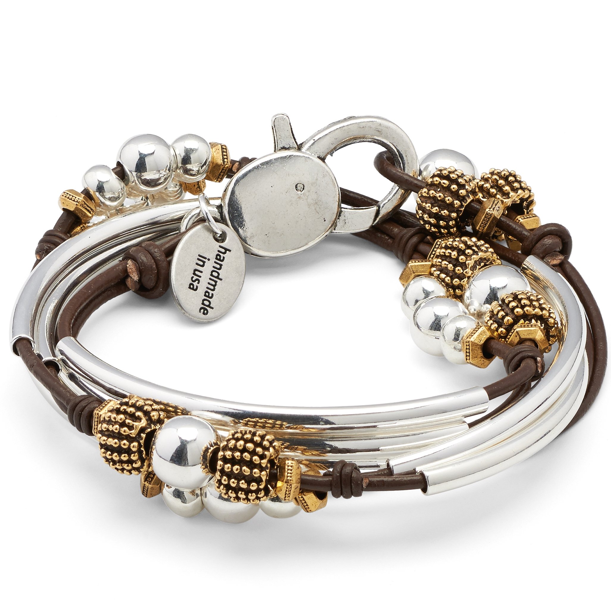 Lizzy JamesParis Silver Plated Crescents with Gold and Silver Beads 2 Strand Metallic Chocolate Leather Wrap Bracelet (Small (5 7/8" - 6 1/8"))