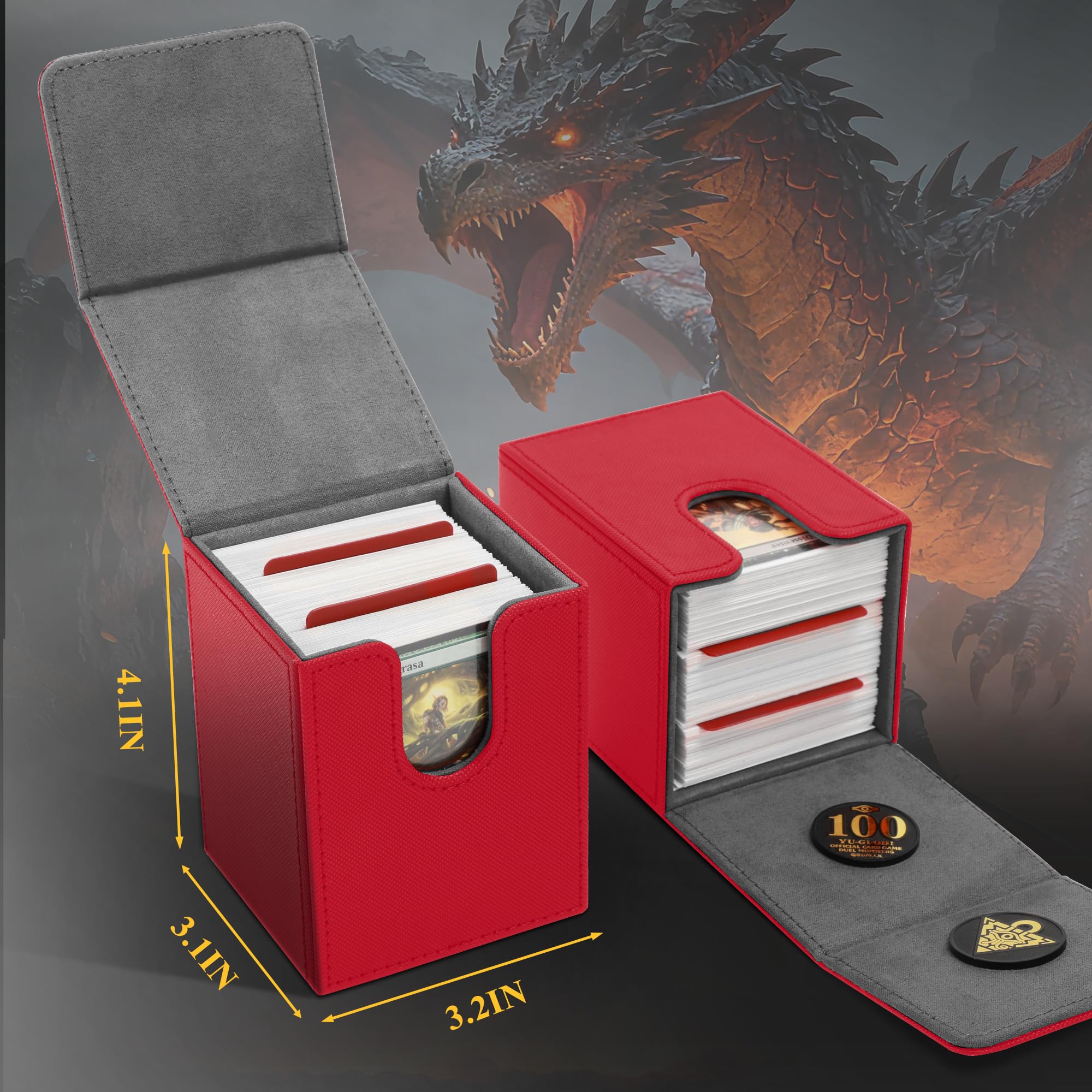 UAONO Card Deck Box for Yugioh MTG Cards, 100+ Deck Case with 2 Dividers Fits TCG CCG, PU Leather Card Storage Box Compatible with Collectible Trading Cards (Red, Extinction Dragon)