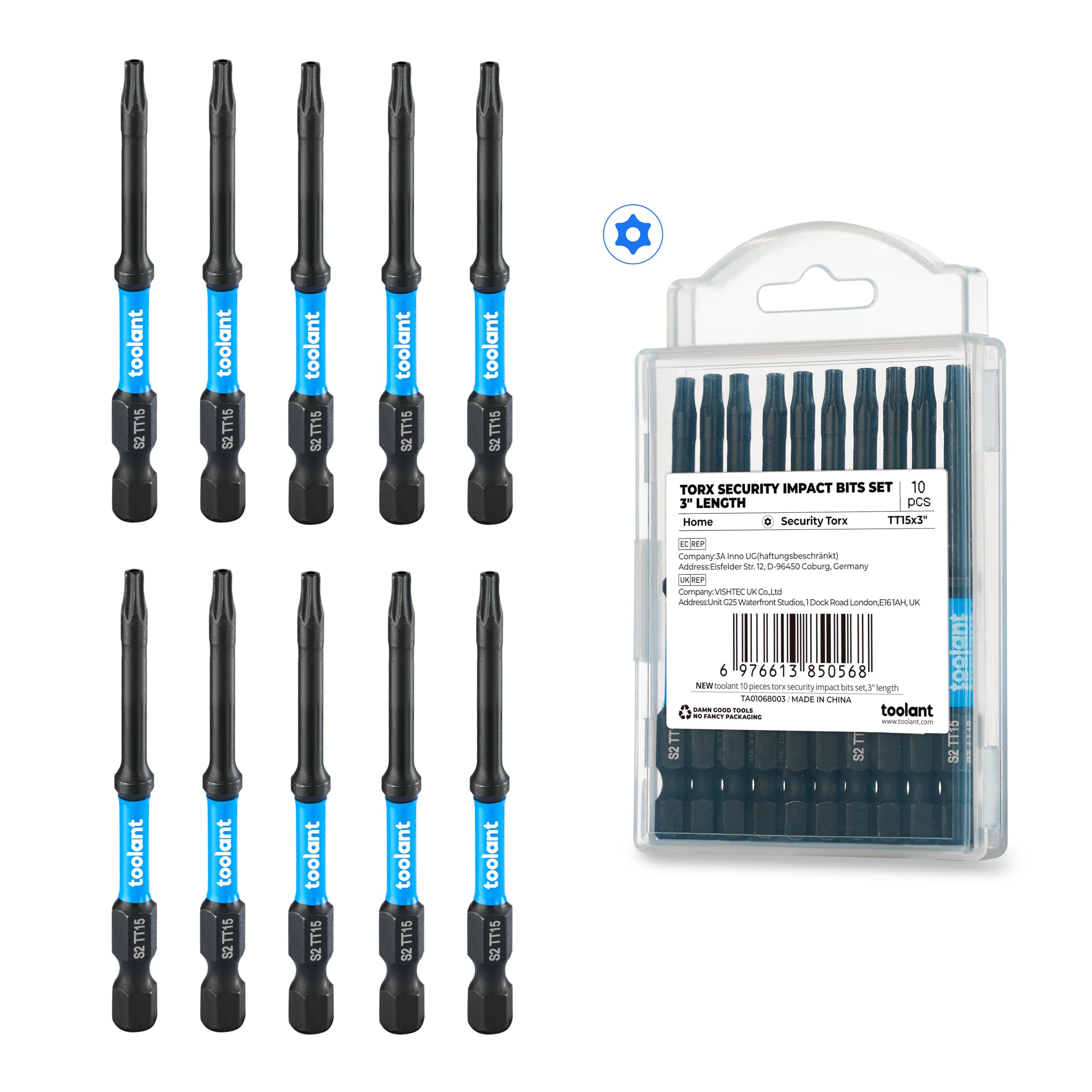 toolant 10PCS 3" Impact Torx Bit Set TT15 S2 Steel Security Torx