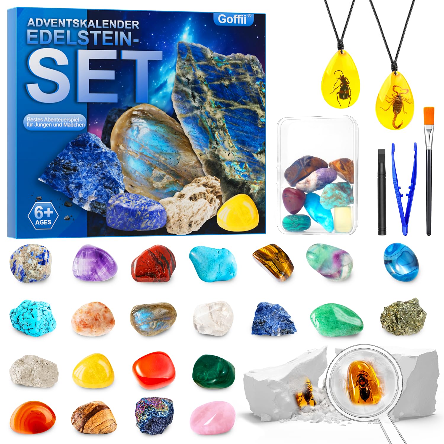 Adventskalender 2024 Kinder, 24 Tage Weihnachts Adventskalender Countdown, Natürliche Edelsteine Mineralien Weihnachtsgeschenke für 6 7 8 9 10, 12 Jahre Jungen Mädchen