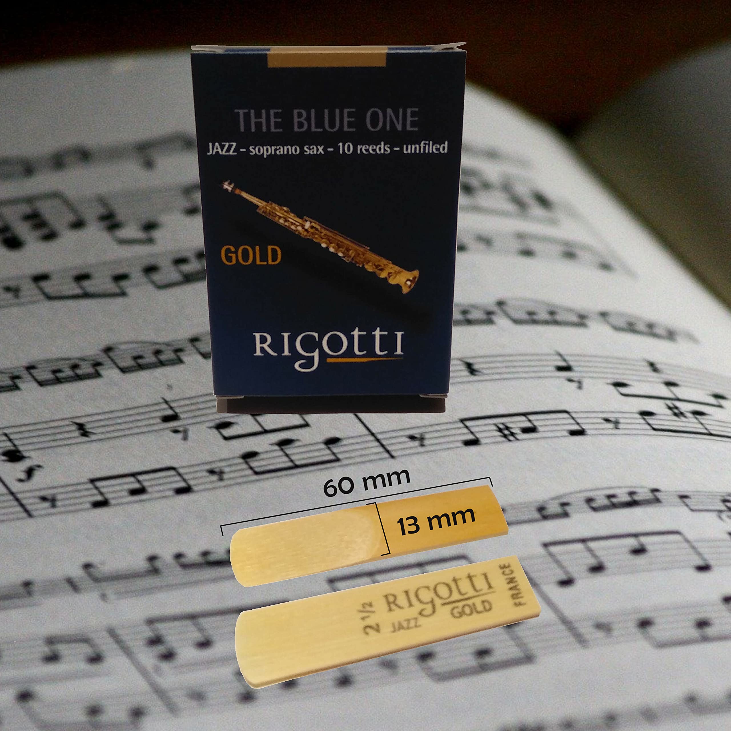 RIGOTTI Opakowanie 10 stroików do saksofonu sopranowego - Force 2,5 MEDIUM - Gold JAZZ - The BLUE ONE - Najwyższa jakość - z naturalnych trzcin uprawianych i suszonych na słońcu w Prowansji we Francji