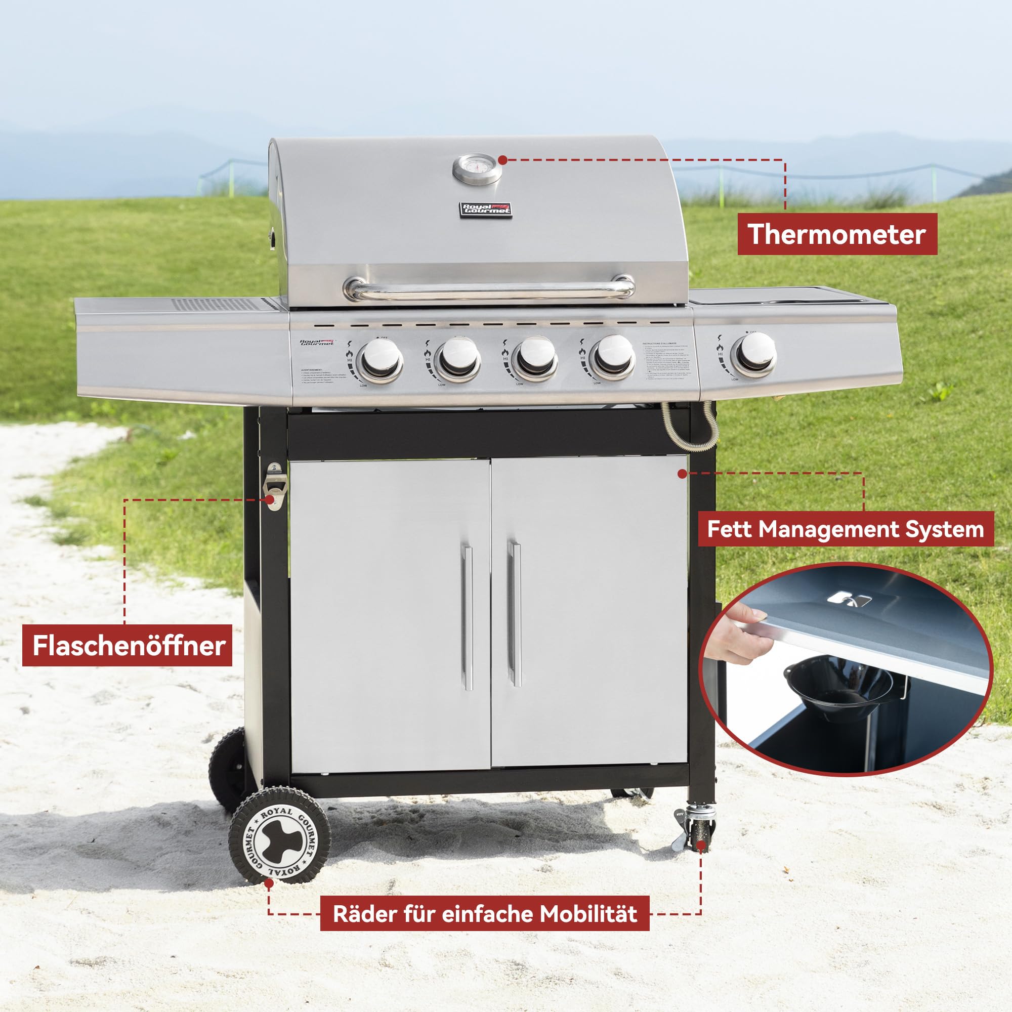 Royal Gourmet 4+1 Brenner Gasgrill Grillwagen mit automatischer Zündung,integriertem Thermometer und Unterschrank Edelstahl Brenner mit 14,5 kW Camping Gasgrill für Outdoor Barbecue Silber