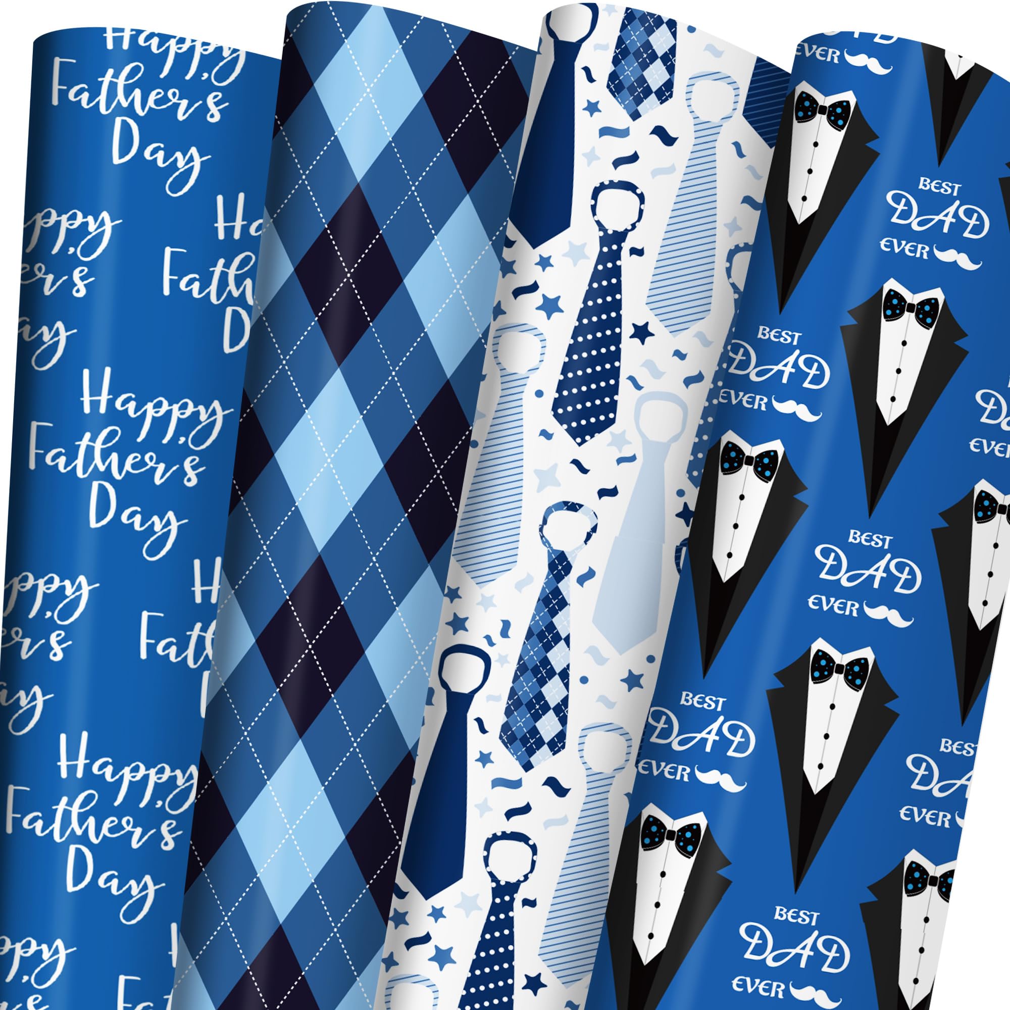 Cuitpan Father's Day Wrapping Paper - Blue Gift Wrap for Men With Happy Father's Day,Suit, tie, Hat, Mustache and Plaid Design - 20×29 Inches, 8 Folded Sheets Easy to Store
