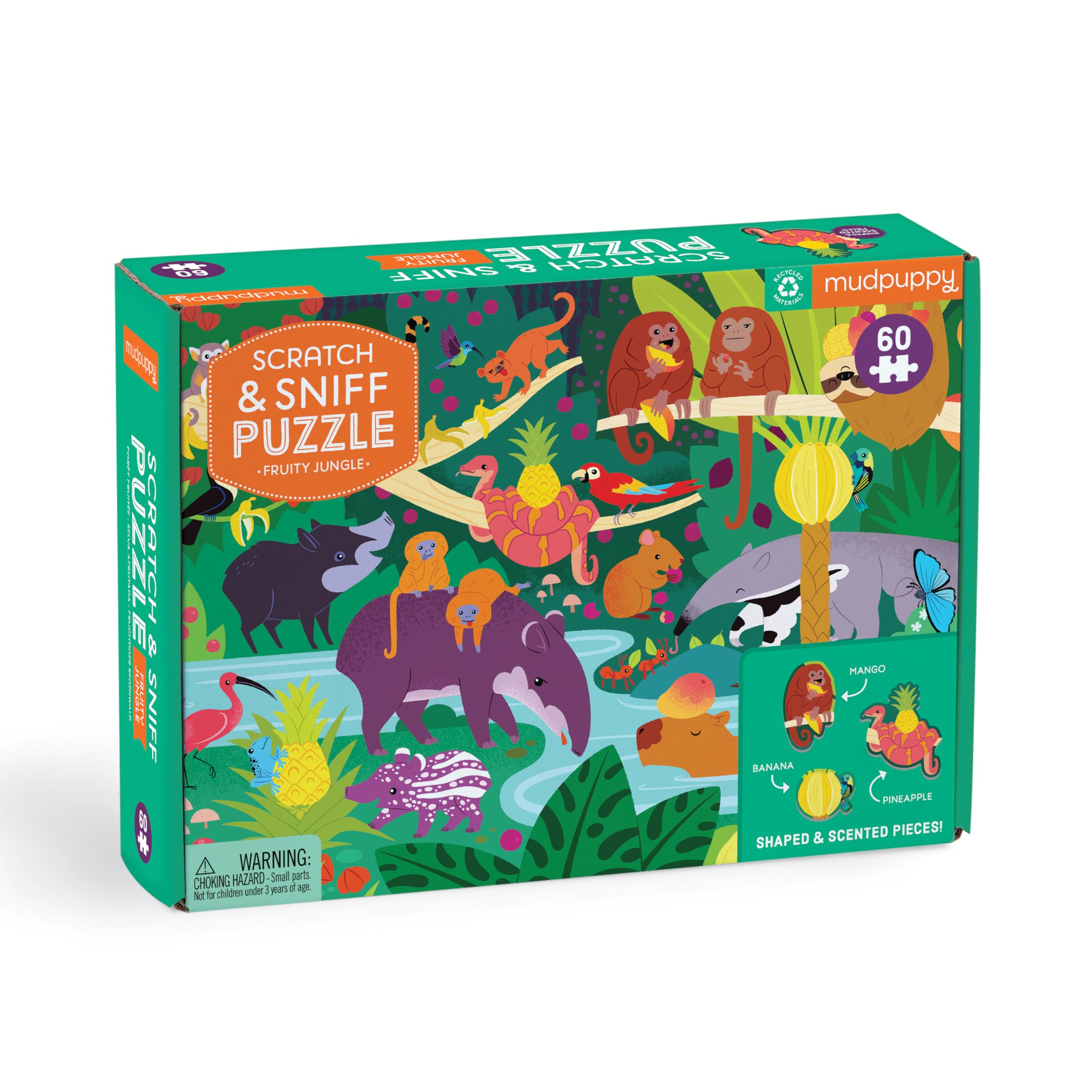 Mudpuppy Fruity Jungle 60 Piece Scratch and Sniff Puzzle from Mudpuppy, Features Cute Jungle Animals, 6 Shaped Jigsaw Pieces, 3 Fruity Scents, Ages 4+