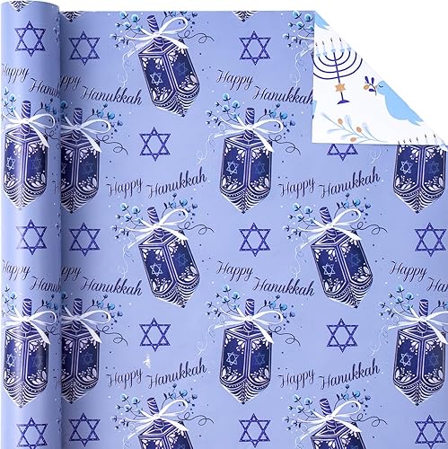 Vista 17 de WRAPAHOLIC Papel de regalo reversible de Navidad, mini rollo, 17 pulgadas x 33 pies, diseño de gnomo azul morado y cuadros con brillo metálico