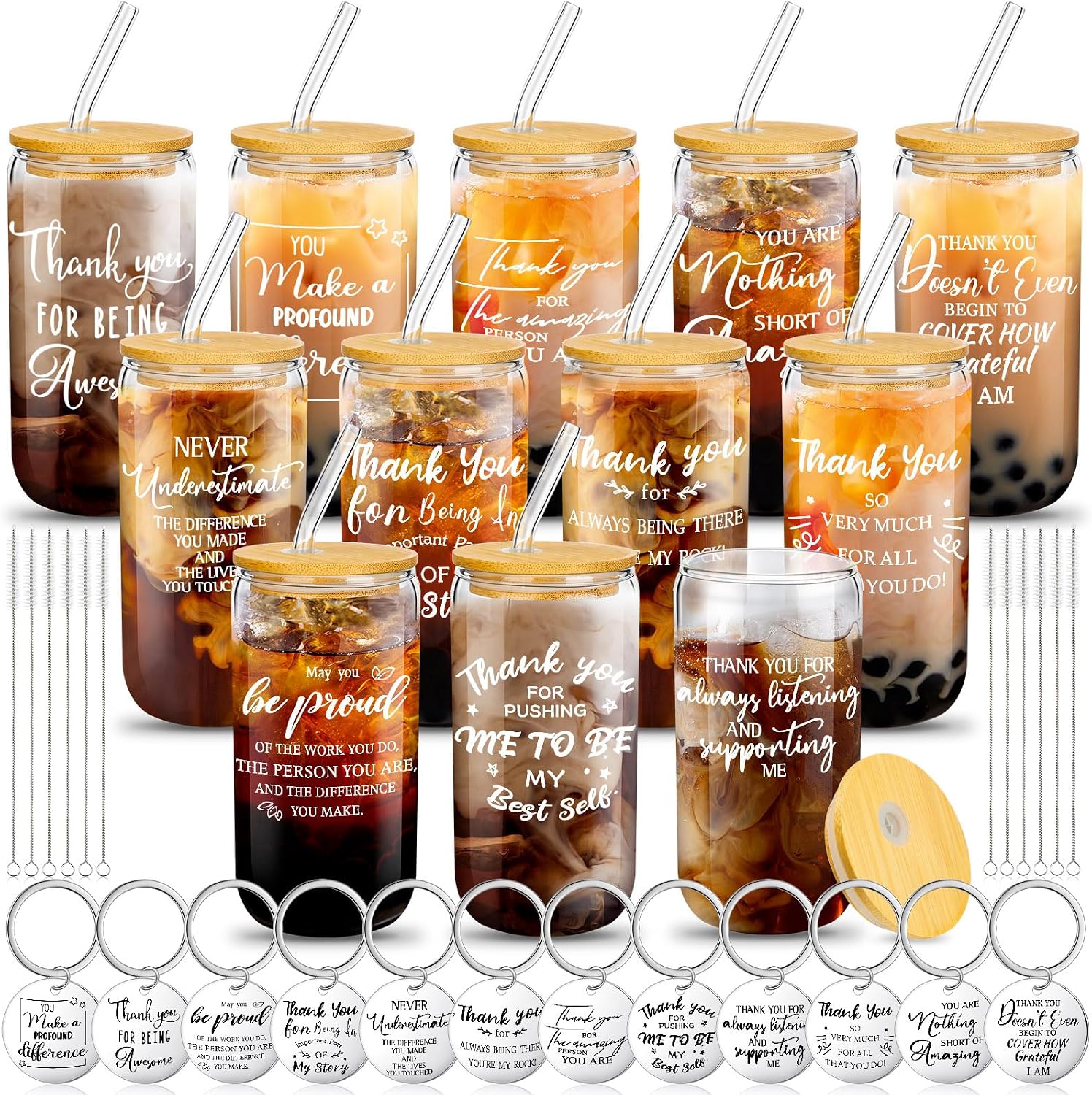 FillTouch 12 Set Employee Appreciation Gifts Set Team Thank You Gifts for Staff Coworker 16 oz Inspirational Glass Cups with Lid Straws Brush Keychain Coffee Cup Religious Gift(Thank You Style)