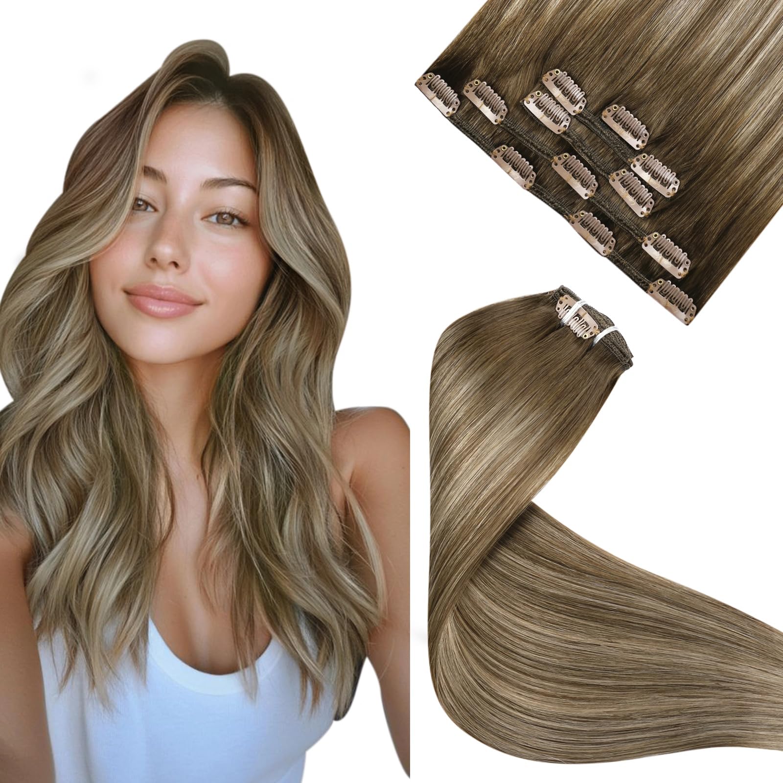 LaaVoo Clip in Extensions Echthaar Braun Echthaar Extensions Clip Hellbraun Balayage Goldene Blondine Clips in Extensions Glatt 5pcs 50cm 80g #8/16/8