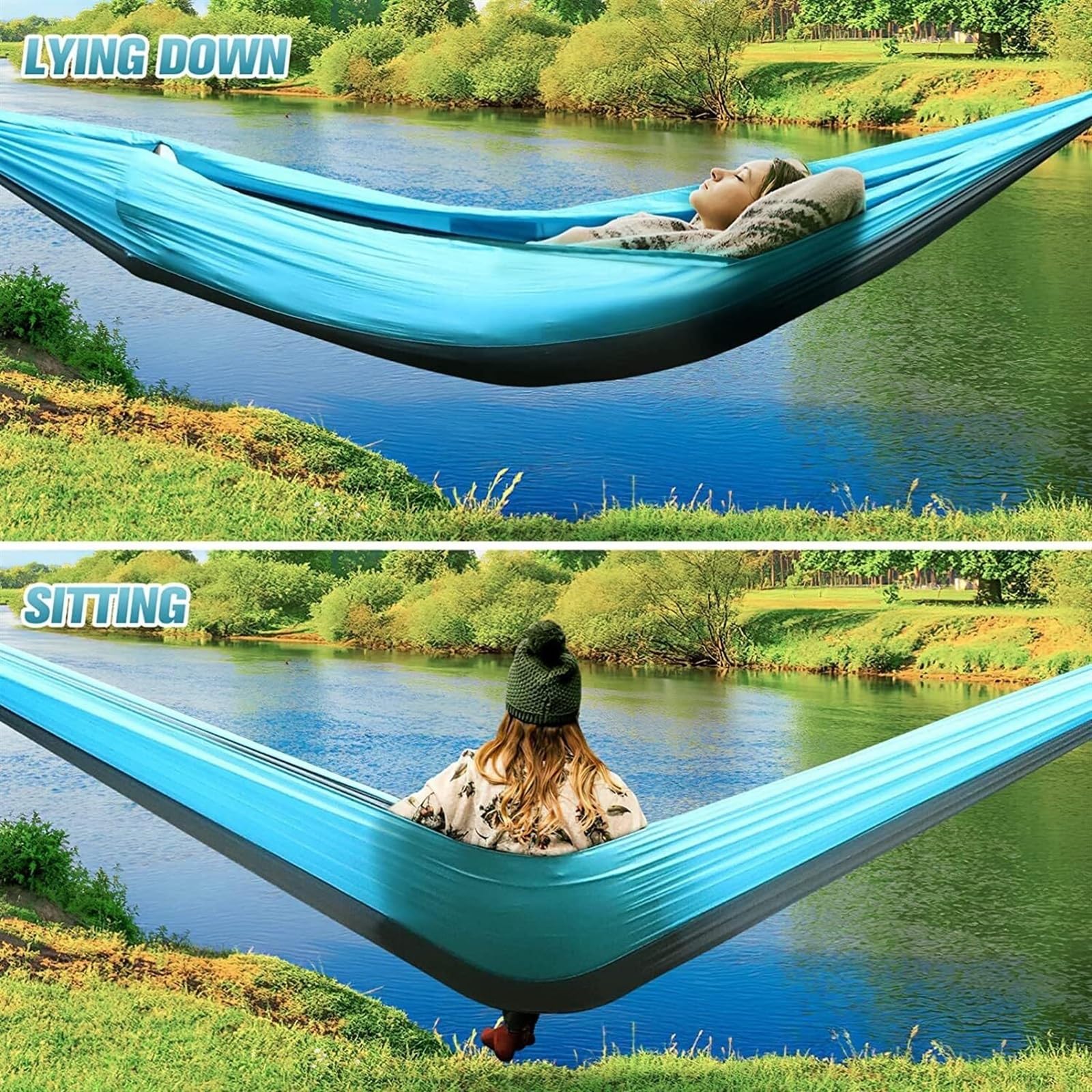 Hamak Ultralekki, Hammock 300x200 Cm 2-osobowy Hamak Z Plecakiem Drzewny Podwójny Camping Przenośny Na Kemping na Kemping, na Zewnątrz