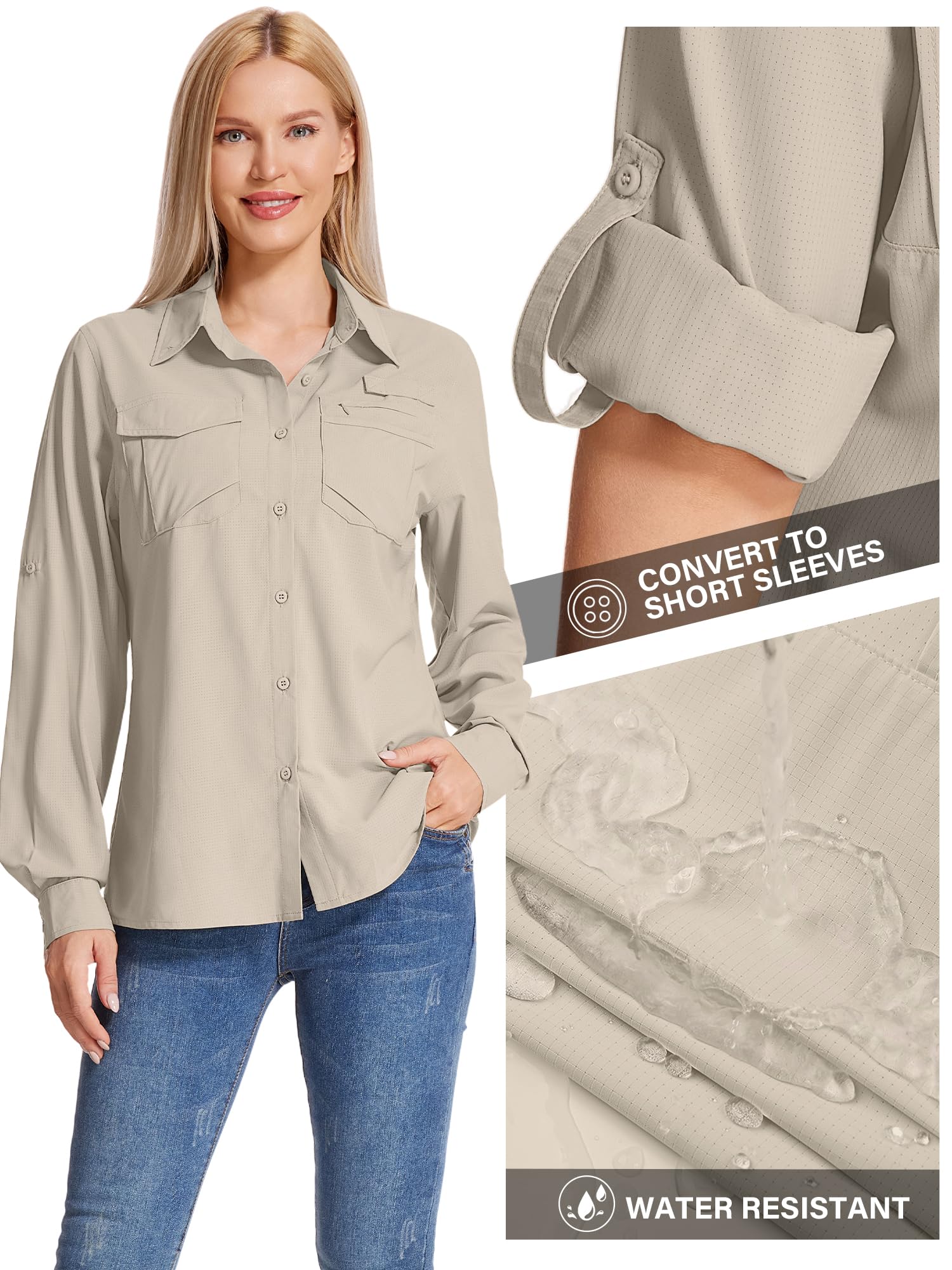 Chemise de safari à manches longues pour femme UPF 50 Protection solaire UV Séchage rapide Randonnée Marche Pêche Voyage en plein air