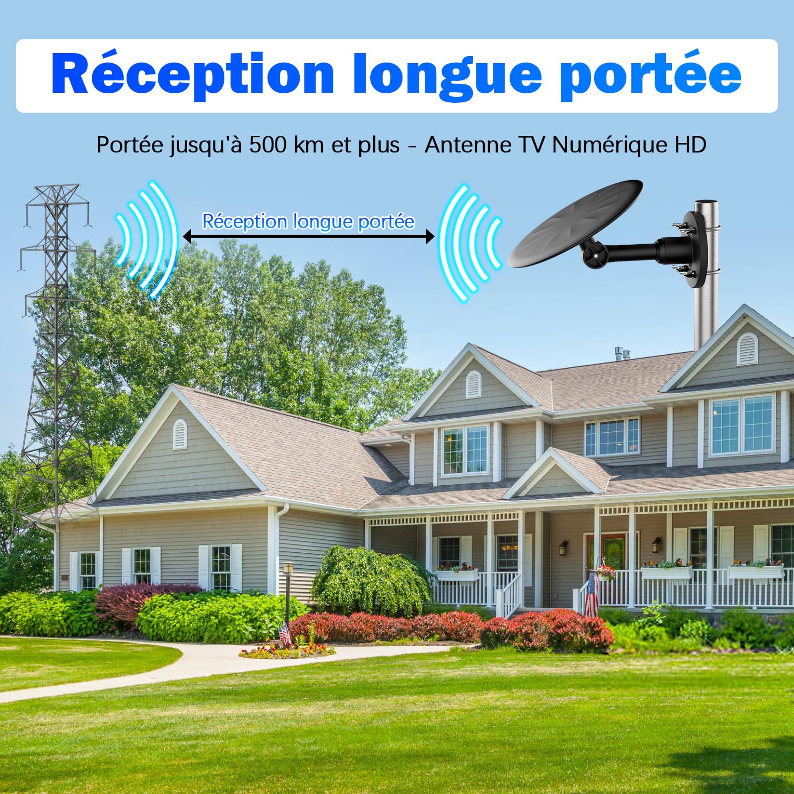 Antenna TV esterna TNT HD con amplificatore, rastrello DVB-T2 a lungo raggio a 360°, segnale digitale stabile 4K UHD, resistente alle intemperie, compatibile con Smart TV