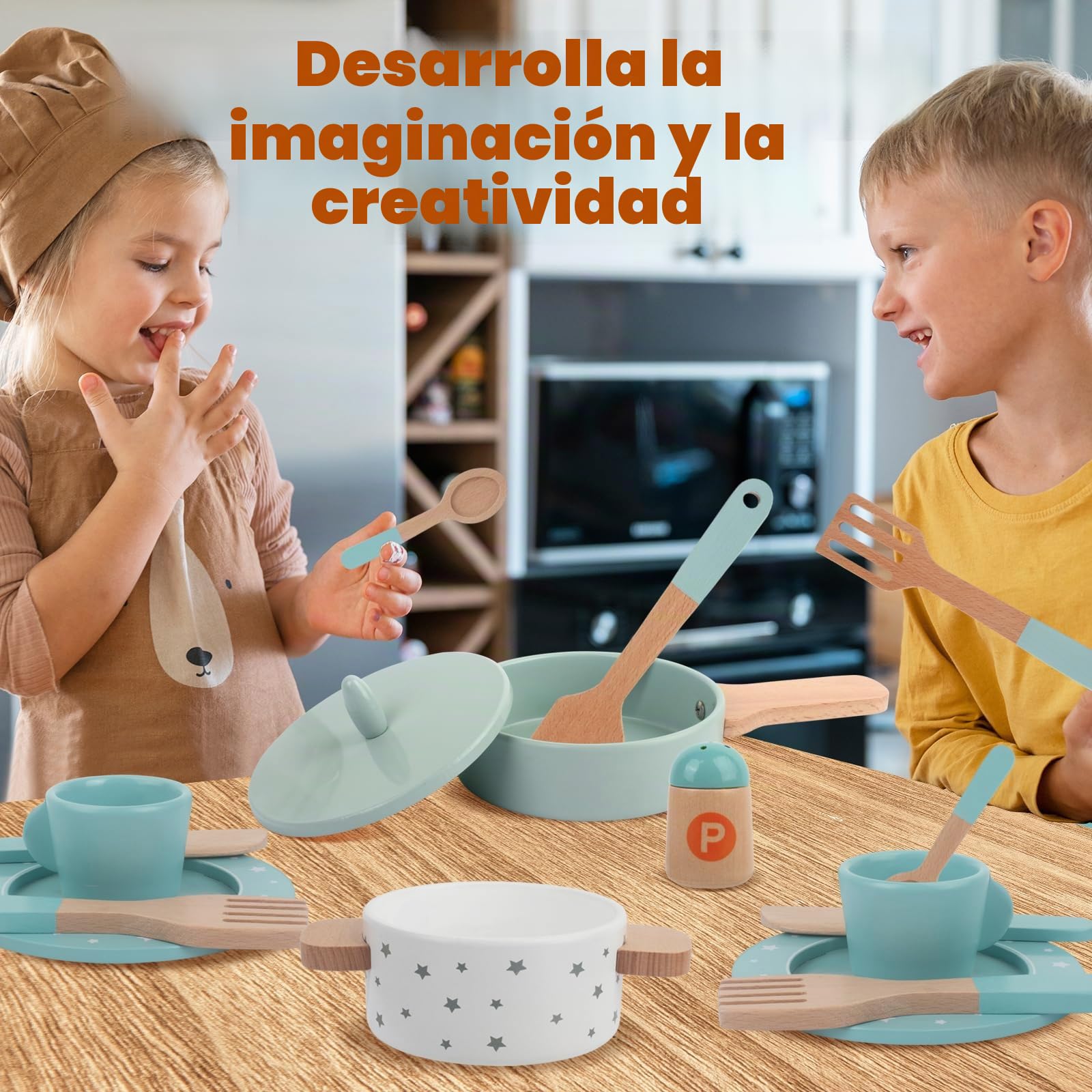 Juguetes de Cocina para Niños Accesorios, Juego de Ollas y Sartenes de Madera, Juego de Utensilios de Cocina, Juegos de Cocina Simulados de rol Niños, Juguete Educativo para Niños de 3 4 5 6 7 8 Años